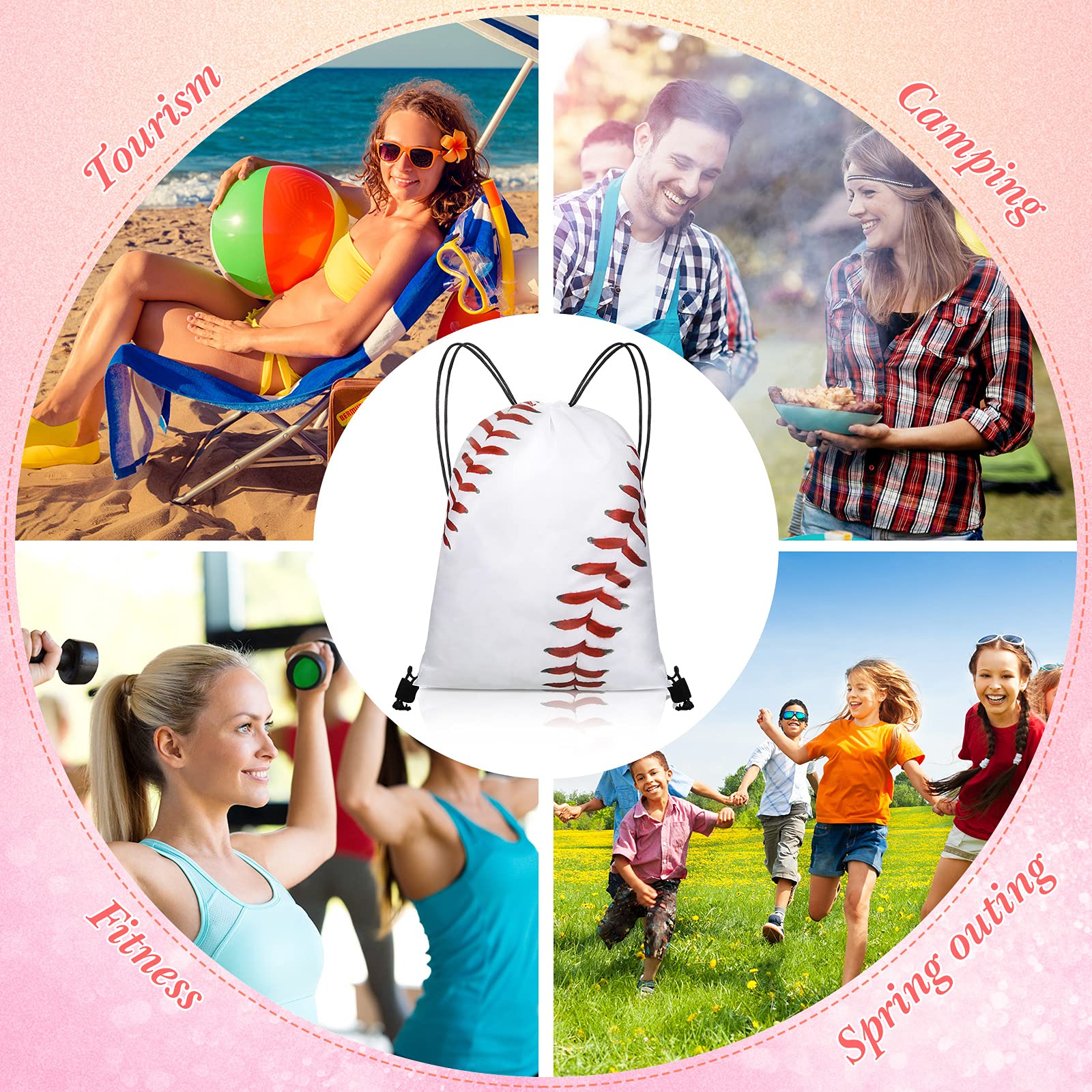 8-Piece White Baseball Pattern Drawstring Party Favor Bags - Sports Gym Backpack Pouches for Kids Birthday Favors, Team Events & School Activities
