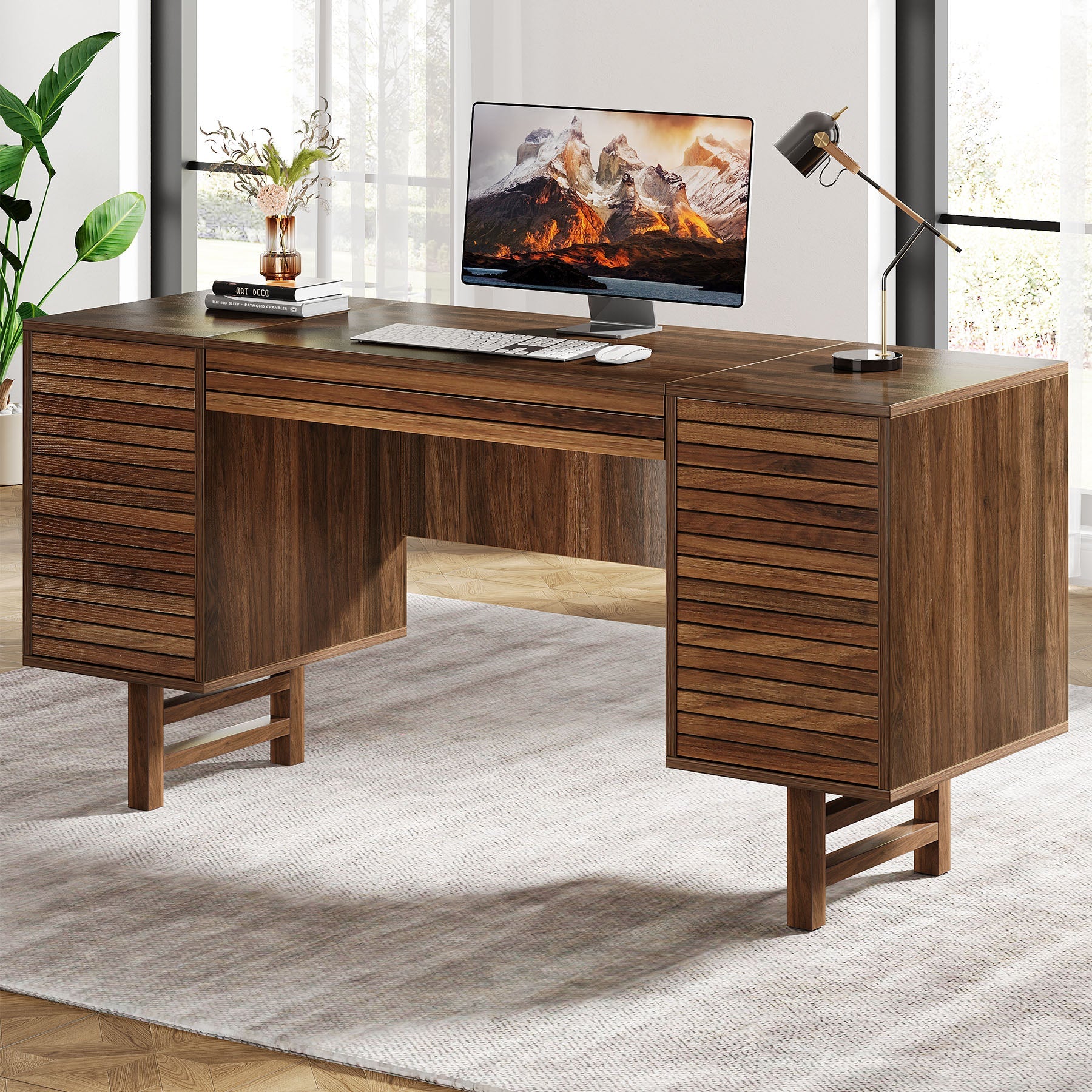 Solid Wood Computer Desk - 59 Inch Home Office Desk with Storage Drawers, Ergonomic Study Desk for Work from Home & Remote Learning