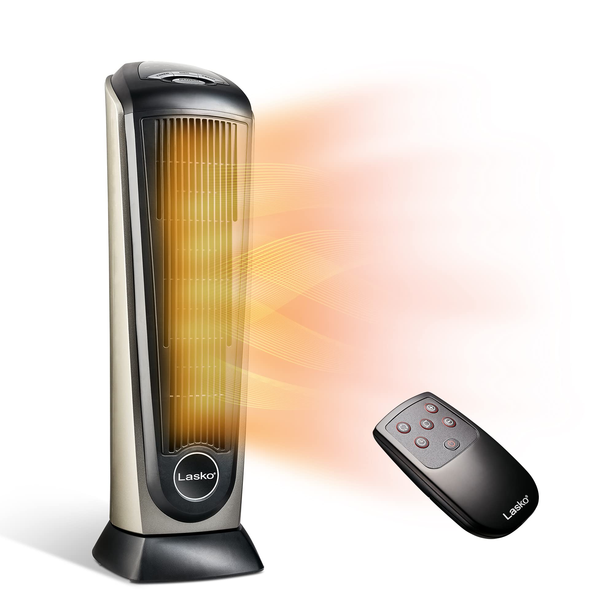 Lasko 1500W Oscillating Ceramic Tower Space Heater with Adjustable Thermostat, Timer & Remote Control - 22.5 Inch Grey/Black for Home, Office & Bedroom - Quiet Portable Electric Heater for Winter Warmth (Model 751320)