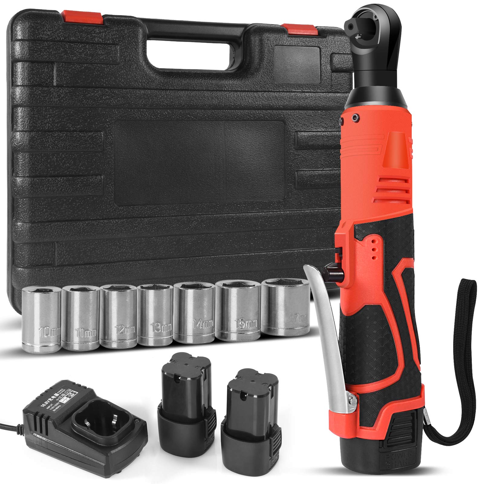 Cordless Electric Ratchet Wrench Set 16.8V - 2-Pack 2000mAh Lithium-Ion Battery, Fast Charger & 7 Sockets - Professional Automotive Tool Kit for DIY Repairs, Mechanics, and Home Garage Use