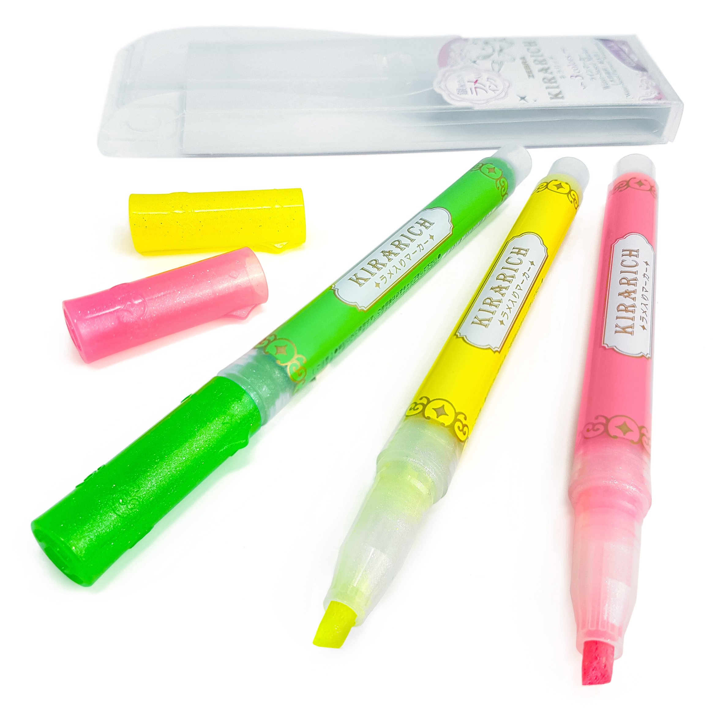 Zebra Kirarich Glitter Ink Highlighters - Set of 3 (Pink, Yellow, Green) - Vibrant Colors for School, Office & Art Projects - Perfect for Note Taking, Journaling & Creative Marking