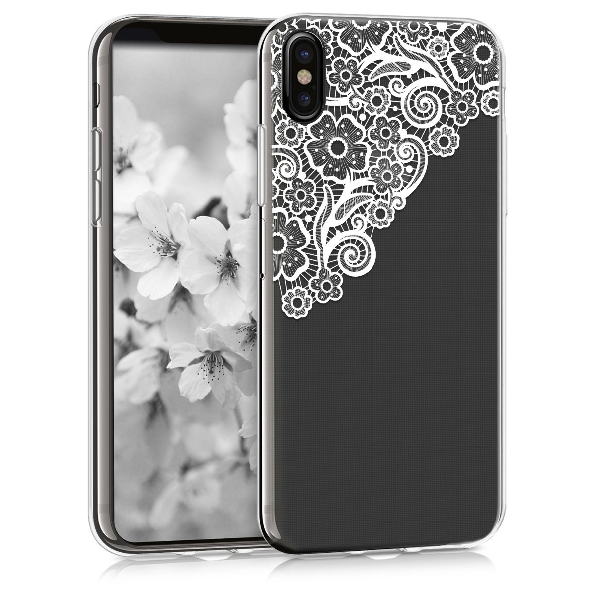 kwmobile Clear Soft TPU Phone Case Compatible with Apple iPhone X - Floral Lace Design in White/Transparent - Slim Protective Cover for Everyday Use & Special Occasions