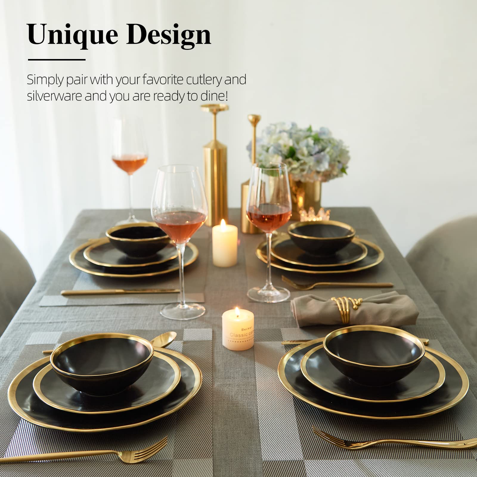 12-Piece Black Luxury Porcelain Dinnerware Set with Gold Rim - Elegant Plates & Bowls for Wedding, Anniversary, Birthday - Service for 4 - Modern Tableware for Fine Dining & Special Occasions