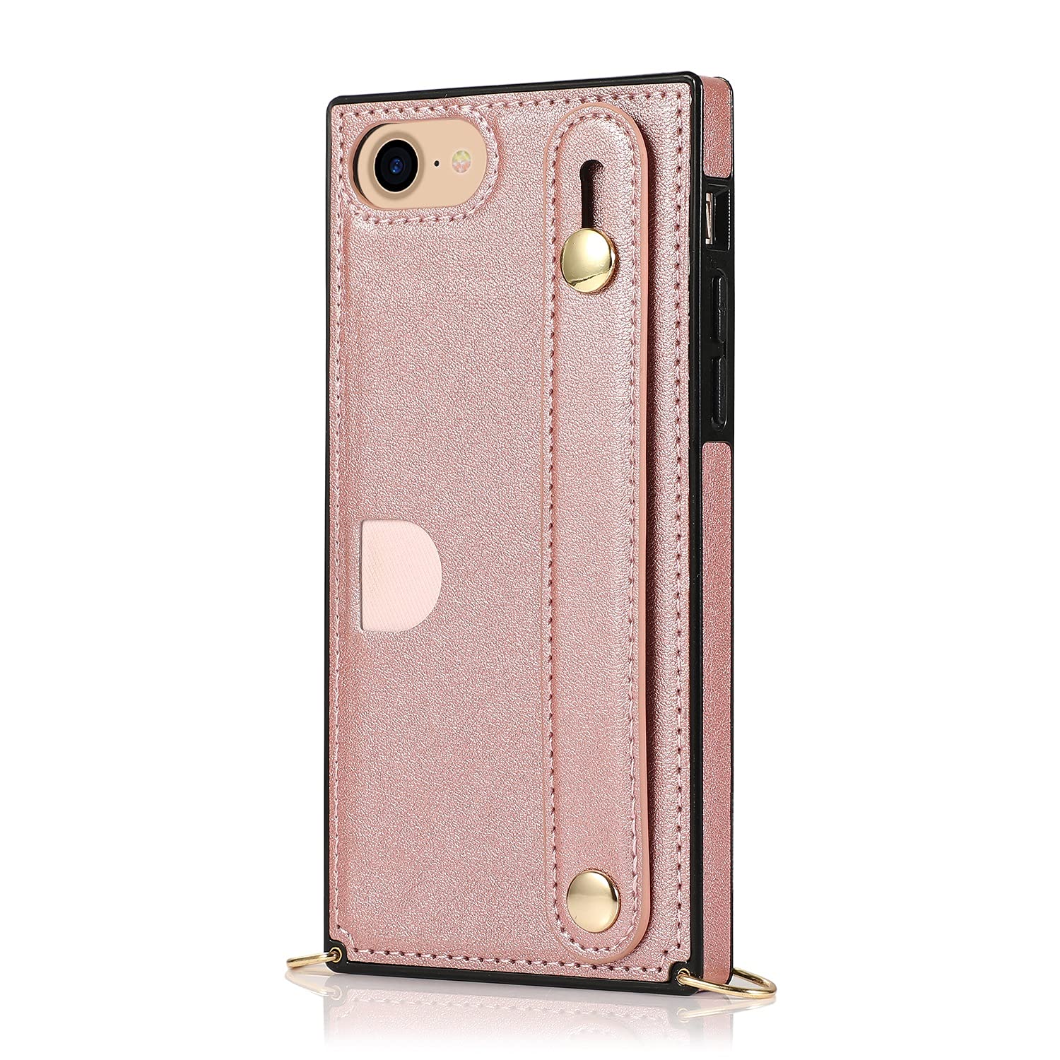 Slim Leather Wallet Case for iPhone 6/7/8 with Card Holder, Hand Strap & Adjustable Shoulder Strap - Rose Gold | Crossbody Phone Cover with Kickstand for Daily Use, Shopping & Travel