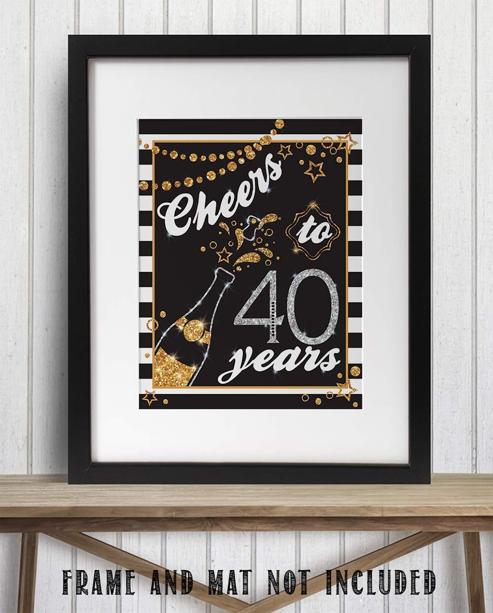 Cheers To 40 Years Champagne Print - Retro Black & White 11x14 Unframed Art Poster with Gold Glitter | Perfect for 40th Birthday Decor, Anniversary Gifts & Reunion Parties | Wall Art for Home, Office & Event Decorations