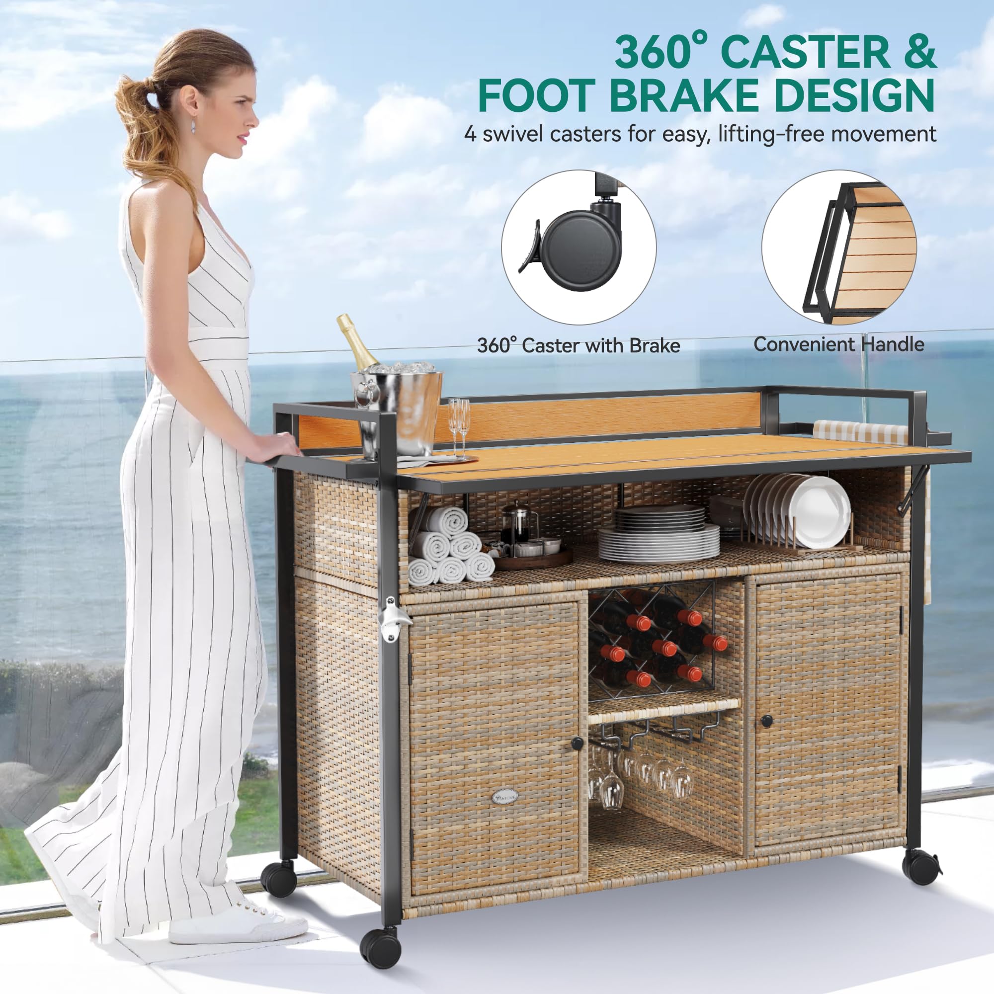YITAHOME XL Outdoor Kitchen Island Rolling Cart with Wicker Storage Cabinet, Wheels & Plastic Wood Table Top - Light Yellow Gradient - Perfect for Patio, Garden, Poolside & Outdoor Entertaining