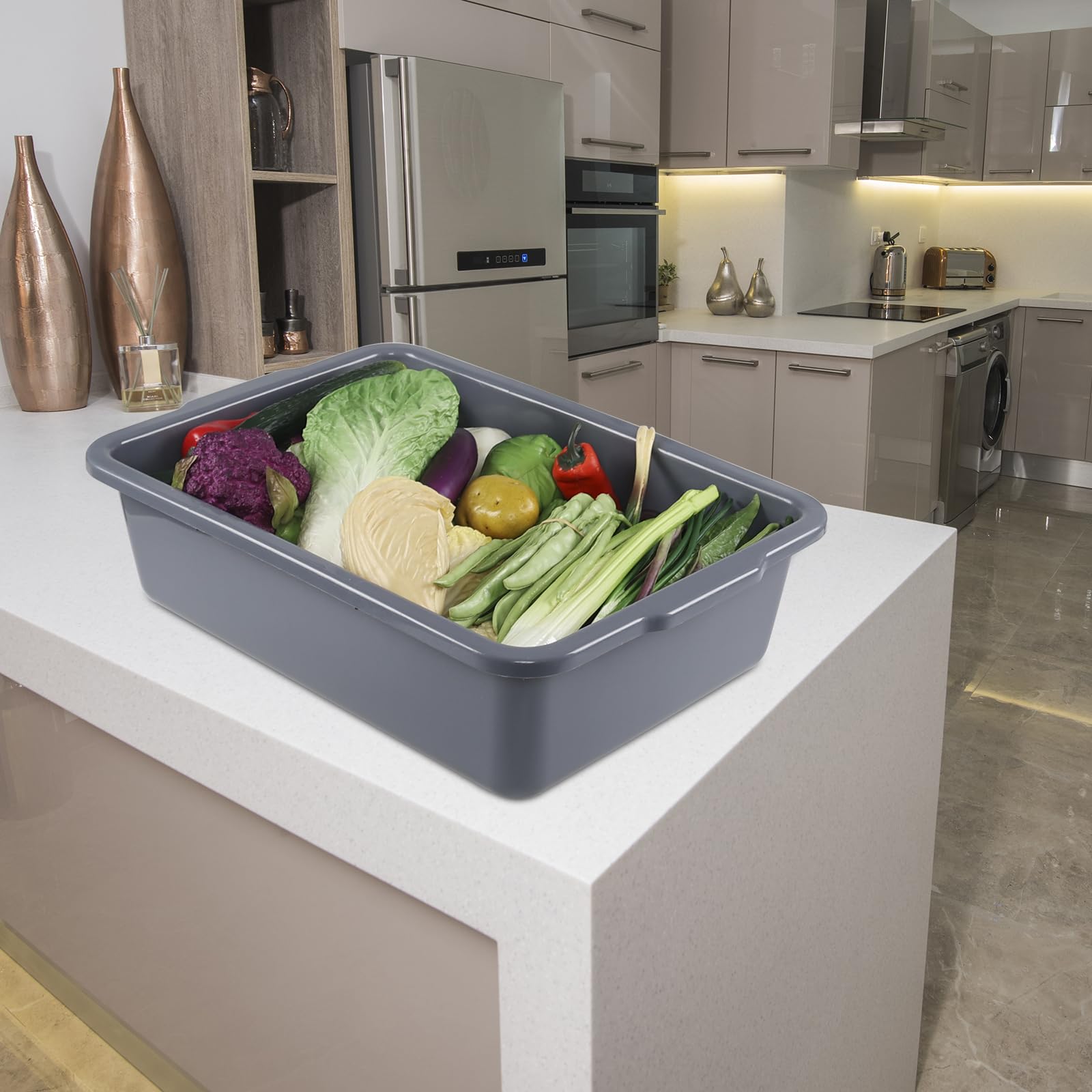 Rosebloom 35L Commercial Plastic Bus Tub - Gray Large Bus Box (4 Pack) - Ideal for Restaurant Dishwashing, Food Storage & Industrial Organization