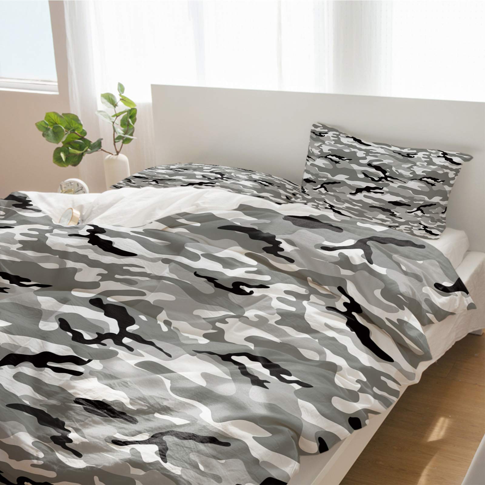 Z&L Army Camouflage Duvet Cover Set 3Pcs - Full Size Luxury Soft Microfiber Bedding with Pillowcases (Grey/White/Black) for Men, Women & Teens | Perfect for Military Theme Bedrooms, Dorm Rooms & Outdoor Enthusiasts