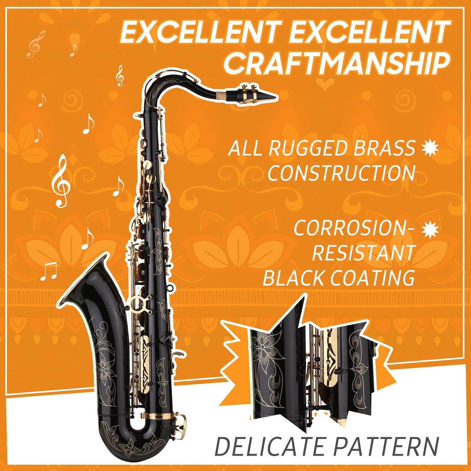 B-Flat Tenor Saxophone Bb Black Lacquer - Complete Beginner Sax Kit with Case, Mouthpiece, Reeds, Neck Strap, Cleaning Cloth & Brush - Perfect for Jazz, Band Practice & School Performances