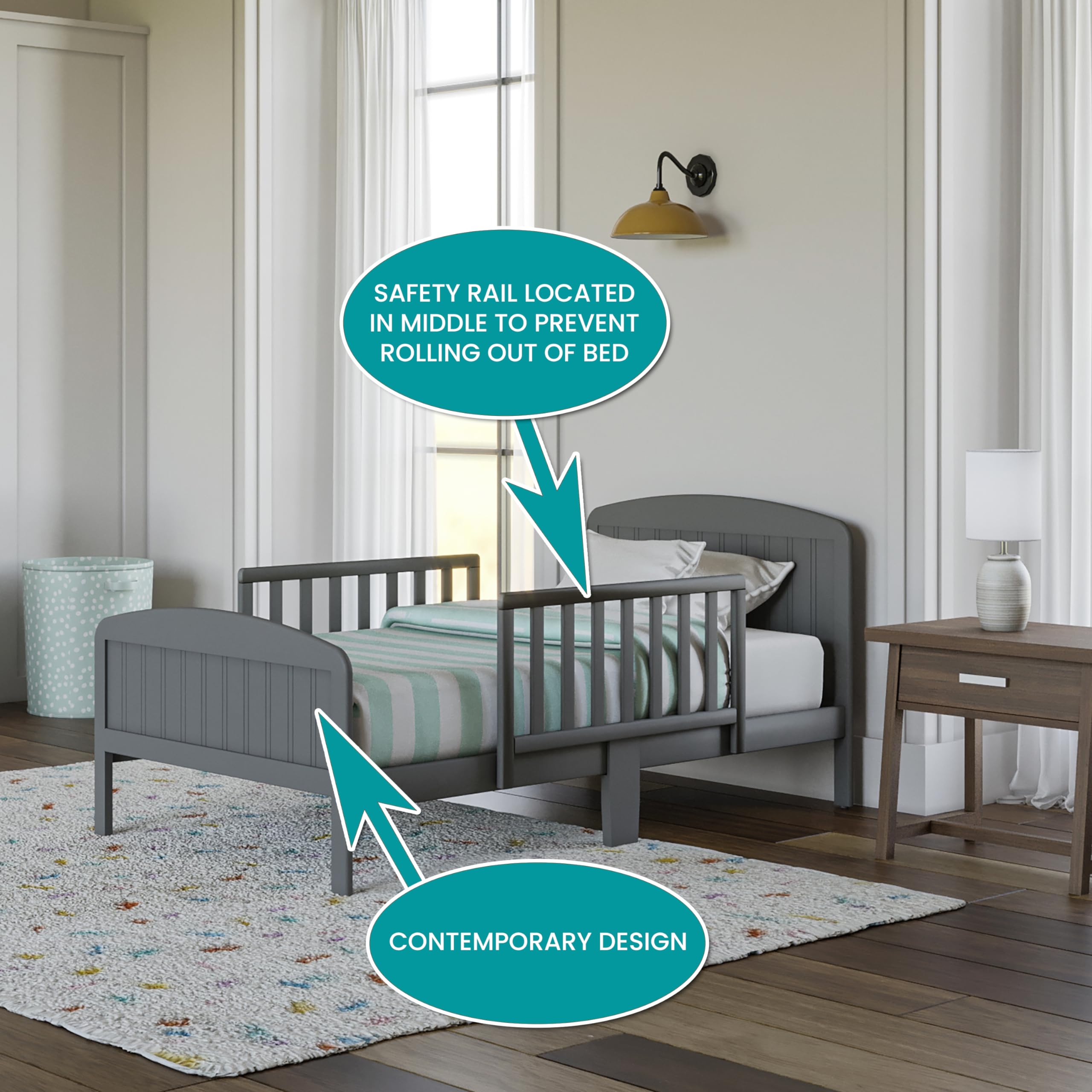 Harrisburg Solid Wood Toddler Bed with Safety Rails - Modern Transitional Design for Kids Bedroom - Fits Crib Mattress, Low Profile Grey Toddler Bed for Safe & Comfortable Sleep Transition from Crib to Big Kid Bed