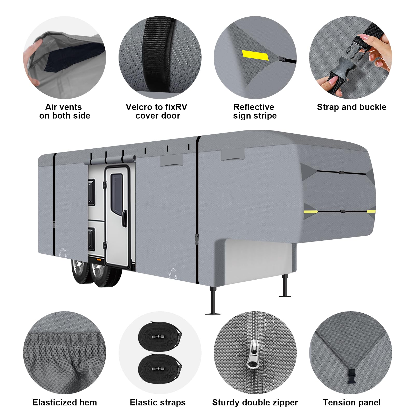 5th Wheel RV Cover - Heavy Duty 7-Layer Waterproof & Breathable Camper Cover for 33' to 37' RVs | UV Protection, Windproof Design with Tongue Jack Cover & Gutter Protection | Perfect for Winter Storage & Outdoor Travel Protection