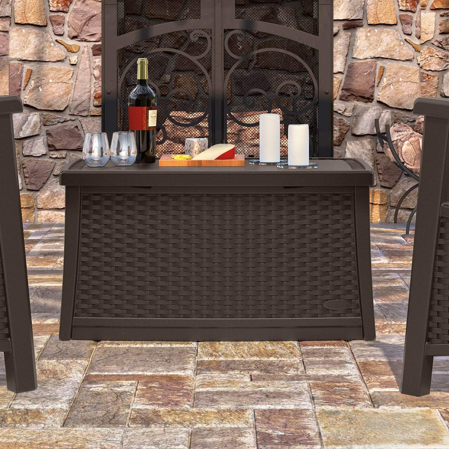 Suncast 30 Gallon Resin Outdoor Patio End Table with Storage - Weatherproof Java Brown Deck Box for Cushions, Pillows & Garden Tools - Perfect for Backyard, Poolside & Patio Furniture Organization