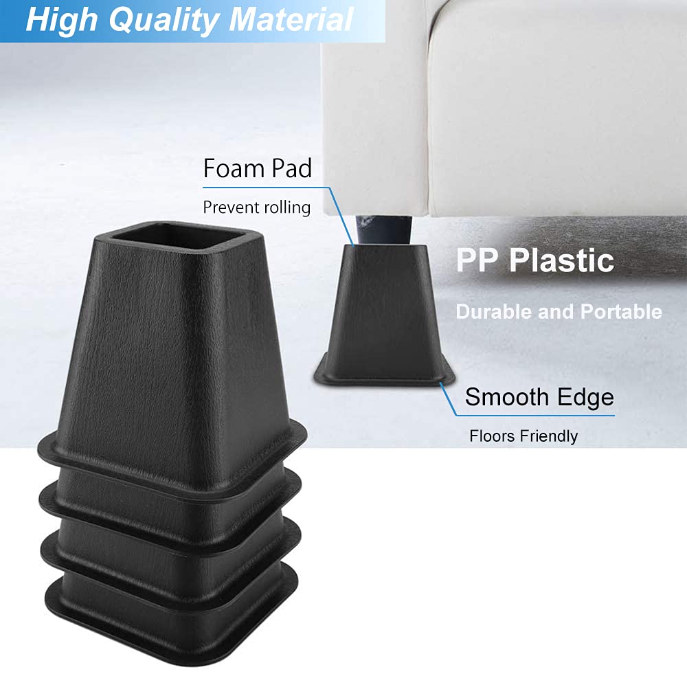 Tcatec 6 Inch Heavy Duty Square Bed Risers - Sturdy Furniture Lifts for Chairs, Couches, Beds & Tables - 4 Pack Black - Perfect for Dorm Rooms, Home Decor & Space Saving Storage