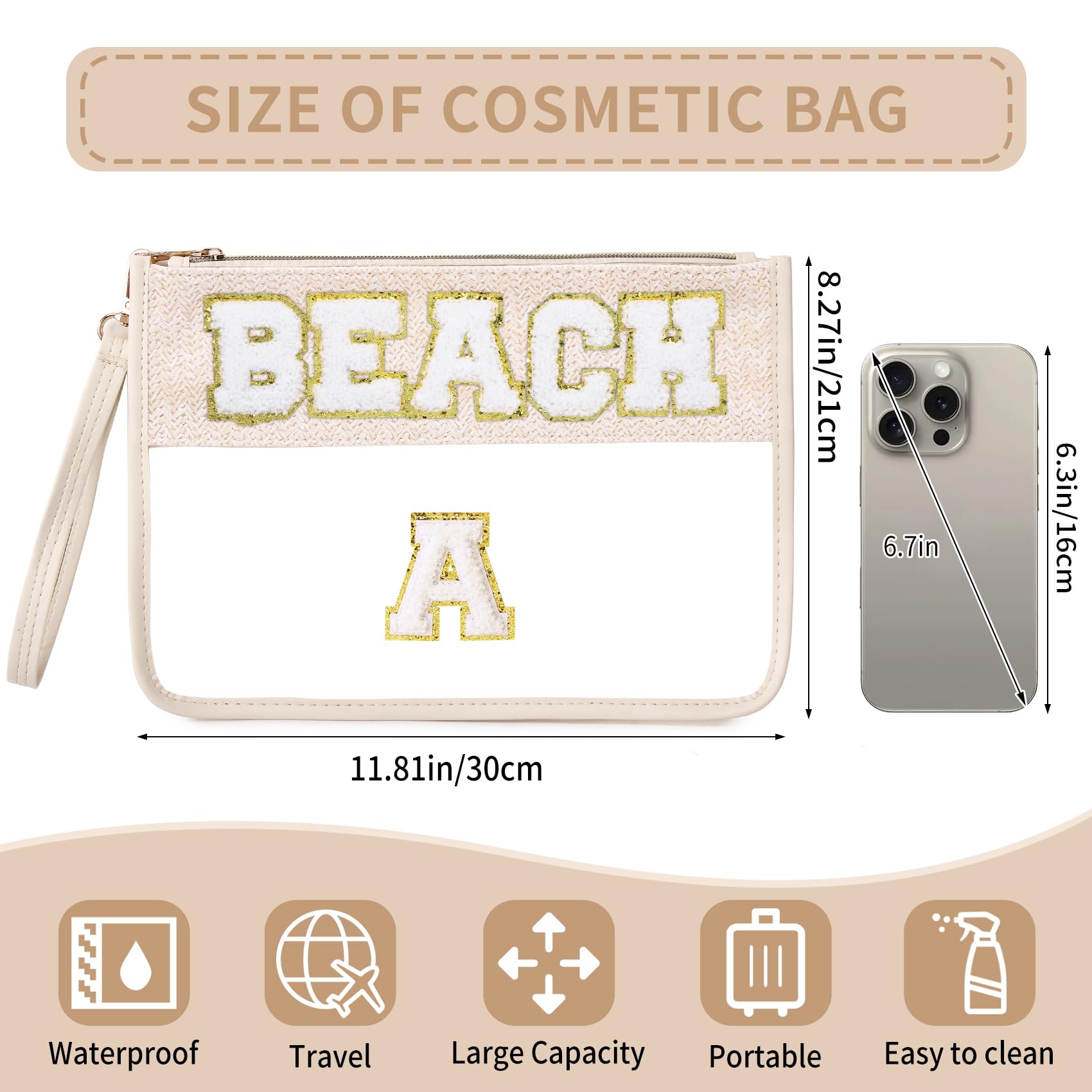 Chenille Letter Clear Zipper Pouch for Travel - Waterproof Snack Bag, Beach Essentials Organizer, Cosmetic & Toiletry Makeup Bag for Women - Perfect for Gym, Pool, Vacation & Daily Use