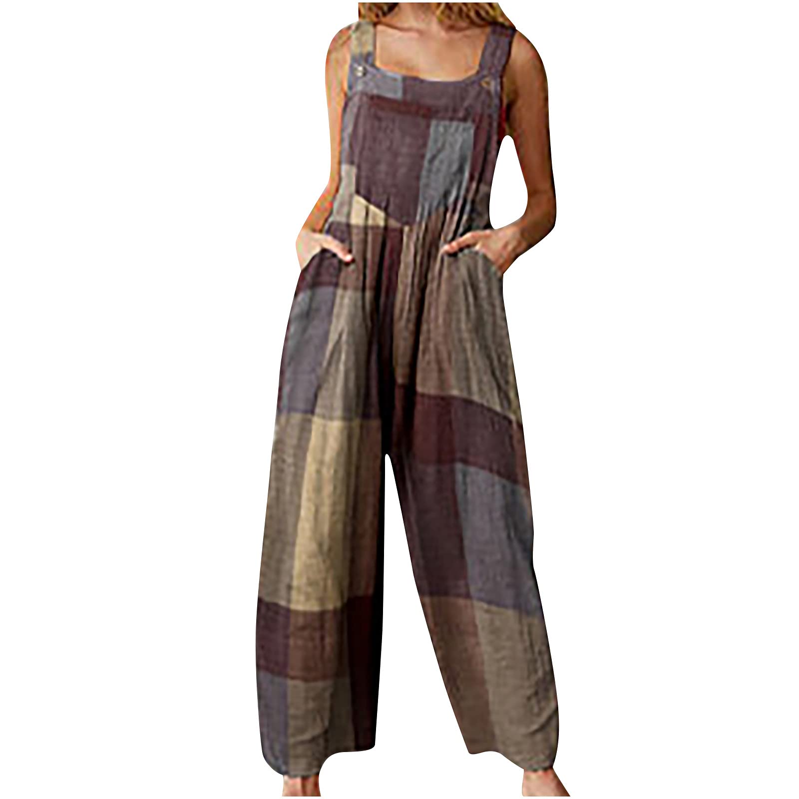 Vintage Print Jumpsuits for Women - Wide Leg Romper Overalls with Buttons & Pockets - Plus Size Casual Outfit for Summer, Travel & Streetwear Fashion
