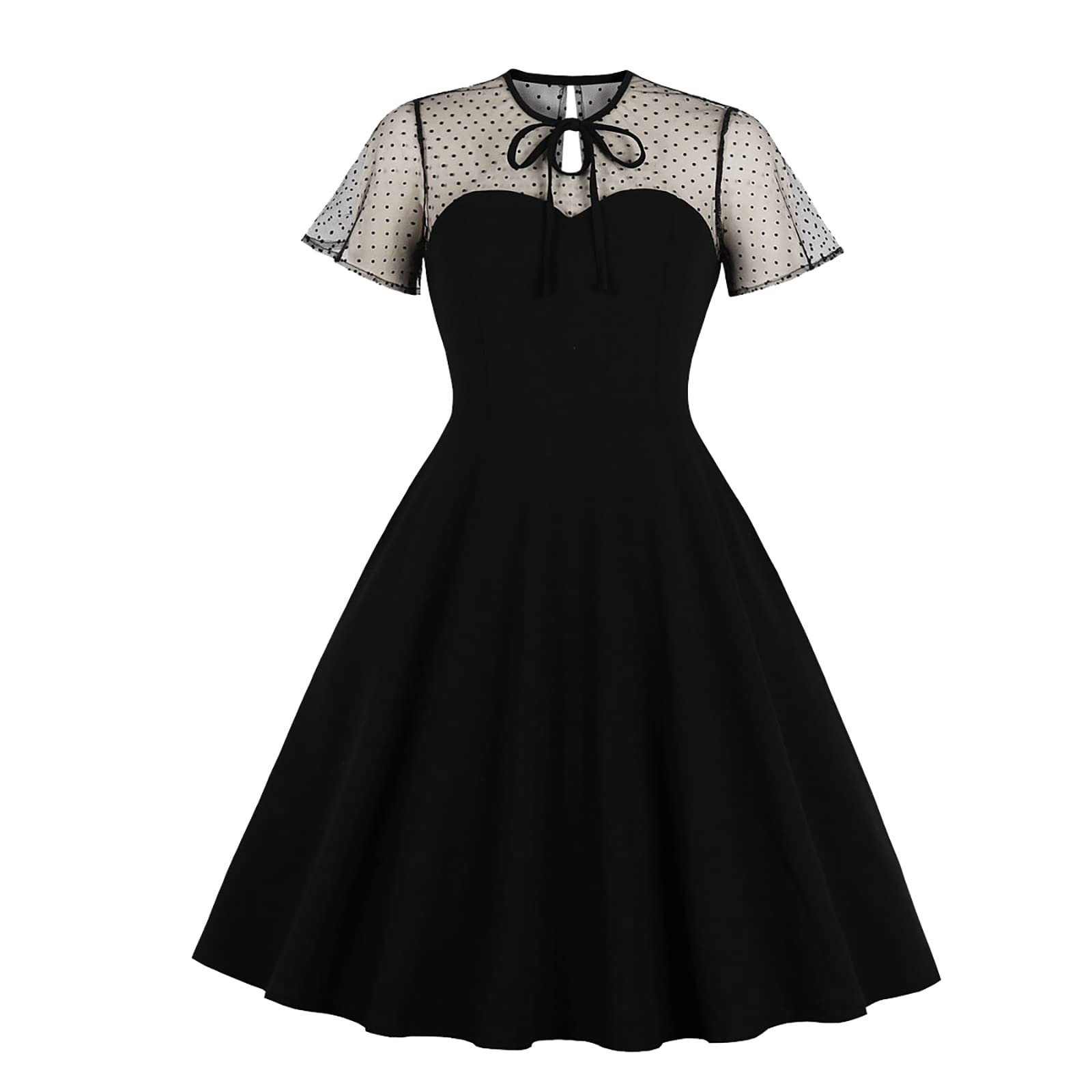 HHmei 50s Vintage Jacquard Cocktail Dress with Pockets & Bow Tie - Wedding Guest Dress, Short Sleeve Midi Dress for Women, Plus Size Sheer Party Dress - Perfect for Cocktail Parties, Weddings & Formal Events