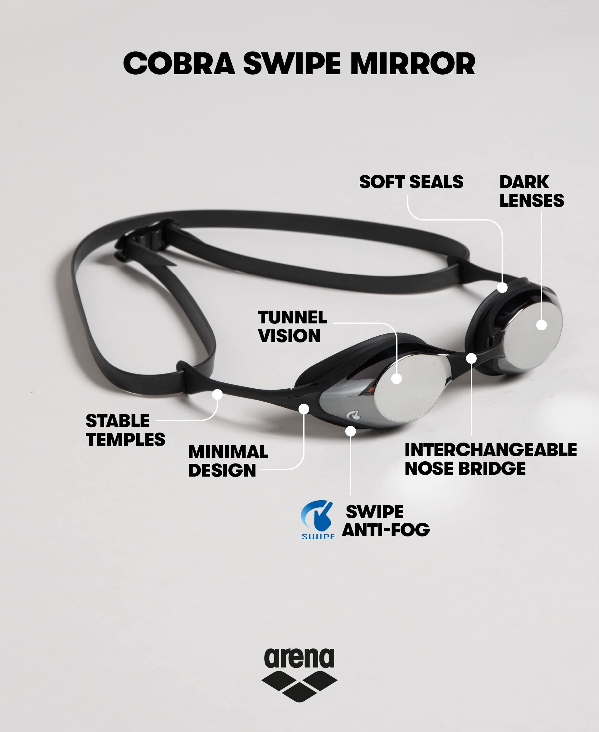 ARENA Unisex Adult Cobra Swipe Anti-Fog Racing Swim Goggles - Polycarbonate Mirror/Non-Mirror Lens - Hydrodynamic Design for Competitive Swimming & Training