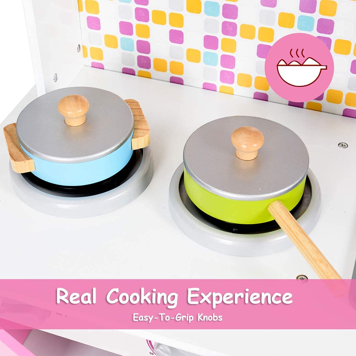 ARLIME Wooden Kids Kitchen Playset with Removable Sink, Microwave & Cookware - Large Storage Cabinet Pretend Play Toy for Boys & Girls (Pink) | Perfect for Home, Preschool & Daycare Role Play Activities
