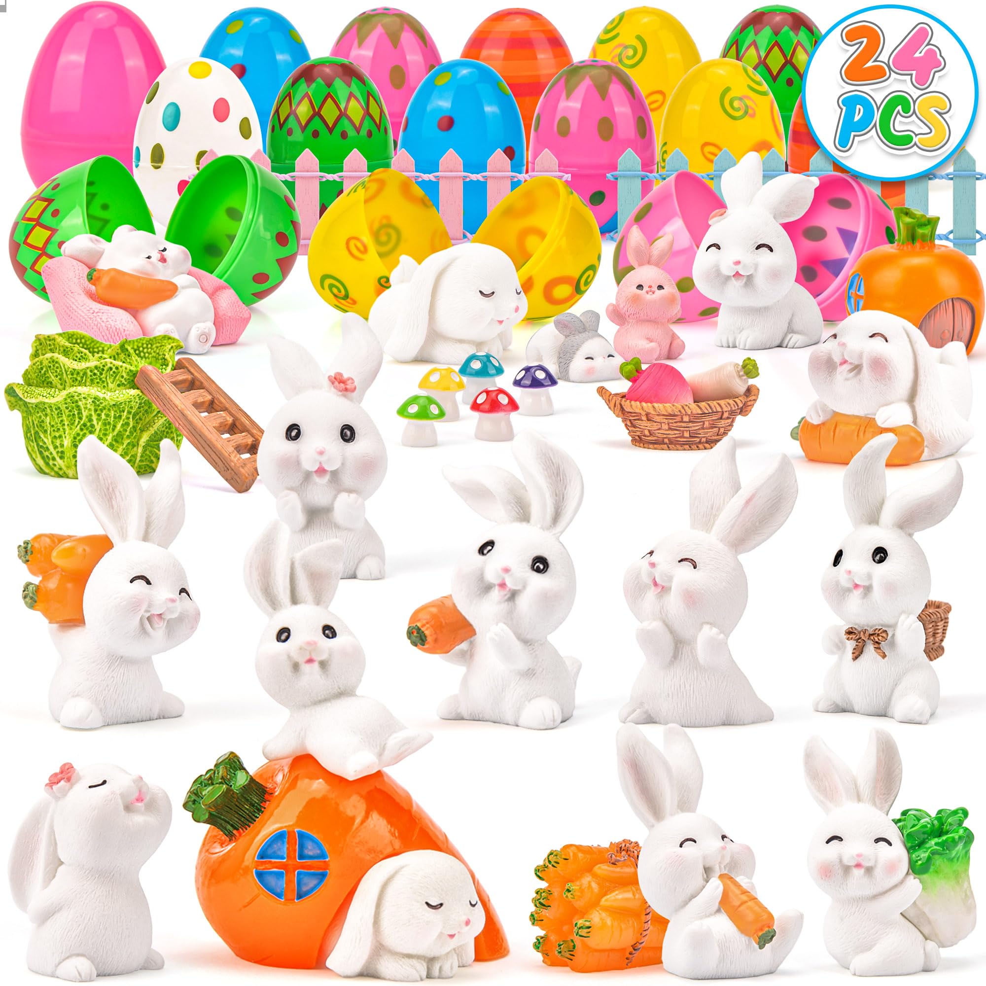 24-Piece Prefilled Easter Eggs with Bunny Toys Inside - Plastic Easter Egg Hunt Set for Kids, Boys & Girls - Easter Basket Stuffers & Party Favors - Perfect for Easter Egg Hunts, Classroom Prizes & Holiday Celebrations