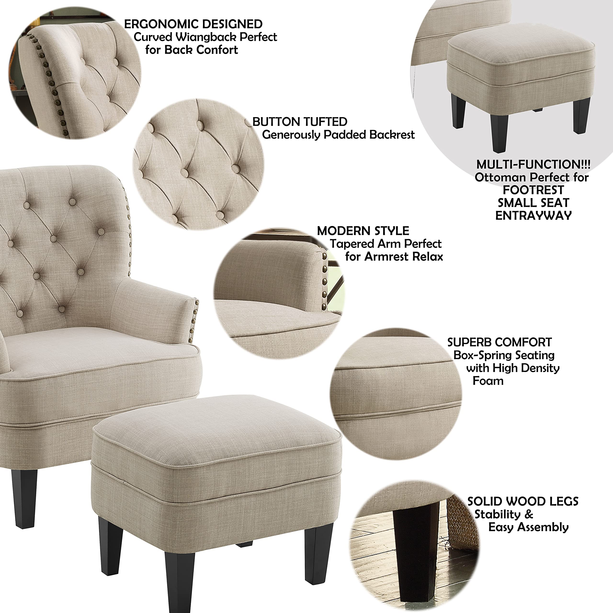 Rosevera Sausalito Mid-Century Modern Accent Chair with Ottoman - Comfortable Armchair for Reading & Lounge - Perfect for Living Room, Bedroom, Small Spaces, Apartments & Studios - Cozy Seating Solution for Relaxing, Entertaining Guests or Enjoying Coffee Breaks