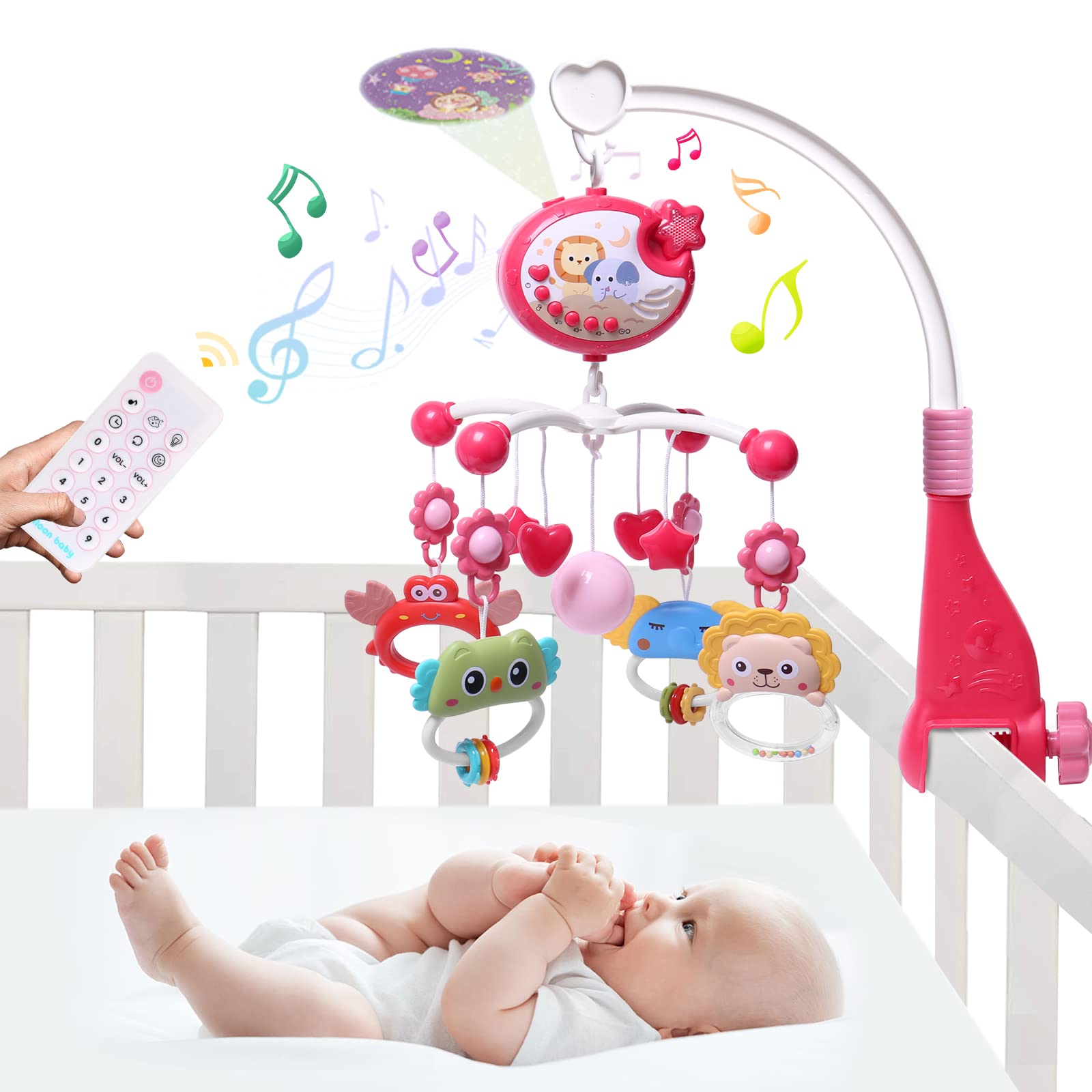 Baby Crib Mobile with Music, Lights & Hanging Toys - Portable Musical Carousel for Pack 'n Play, Bassinet - Gender Neutral Nursery Decor (Red) | Perfect for Soothing Newborns & Bedtime Routines