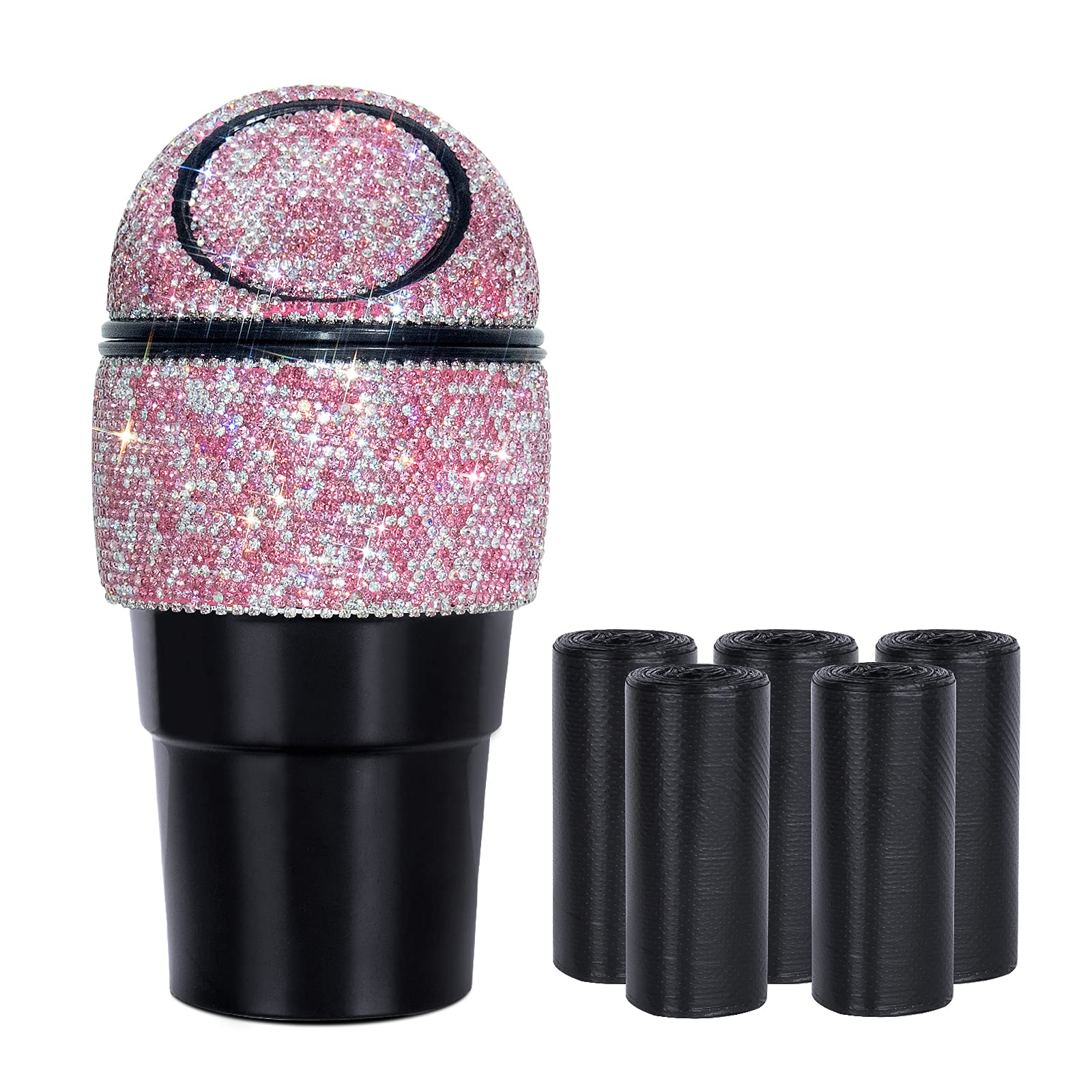 Bling Crystal Car Trash Can - Mini Auto Garbage Bin with Lid for Car, Office & Home - Pink Cup Holder Trash Can - Includes 5 Pack Disposable Bags - Perfect for Women's Cars, Road Trips & Workspaces
