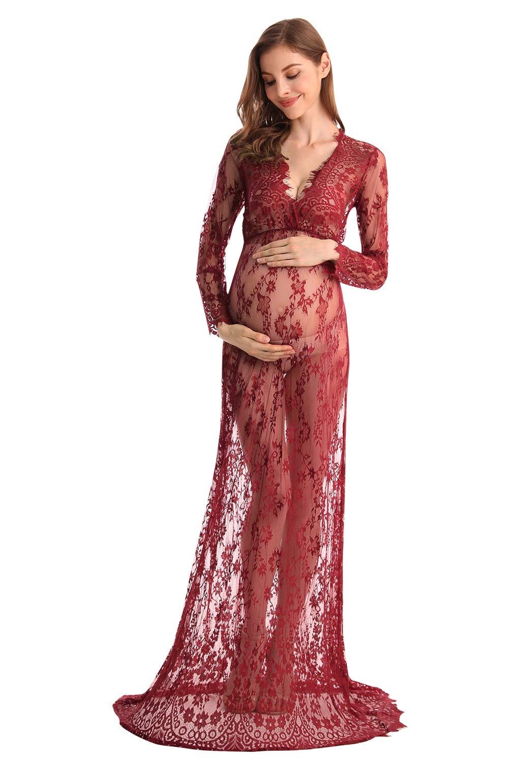 Sexy Lace Maternity Dress for Boudoir Photoshoot - Long Sleeve Deep V-Neck Nursing Gown, Elegant Lingerie Robe for Pregnancy Photos & Milk Bath Sessions - Perfect for Maternity Shoot, Bridal Shower, or Romantic Nightwear