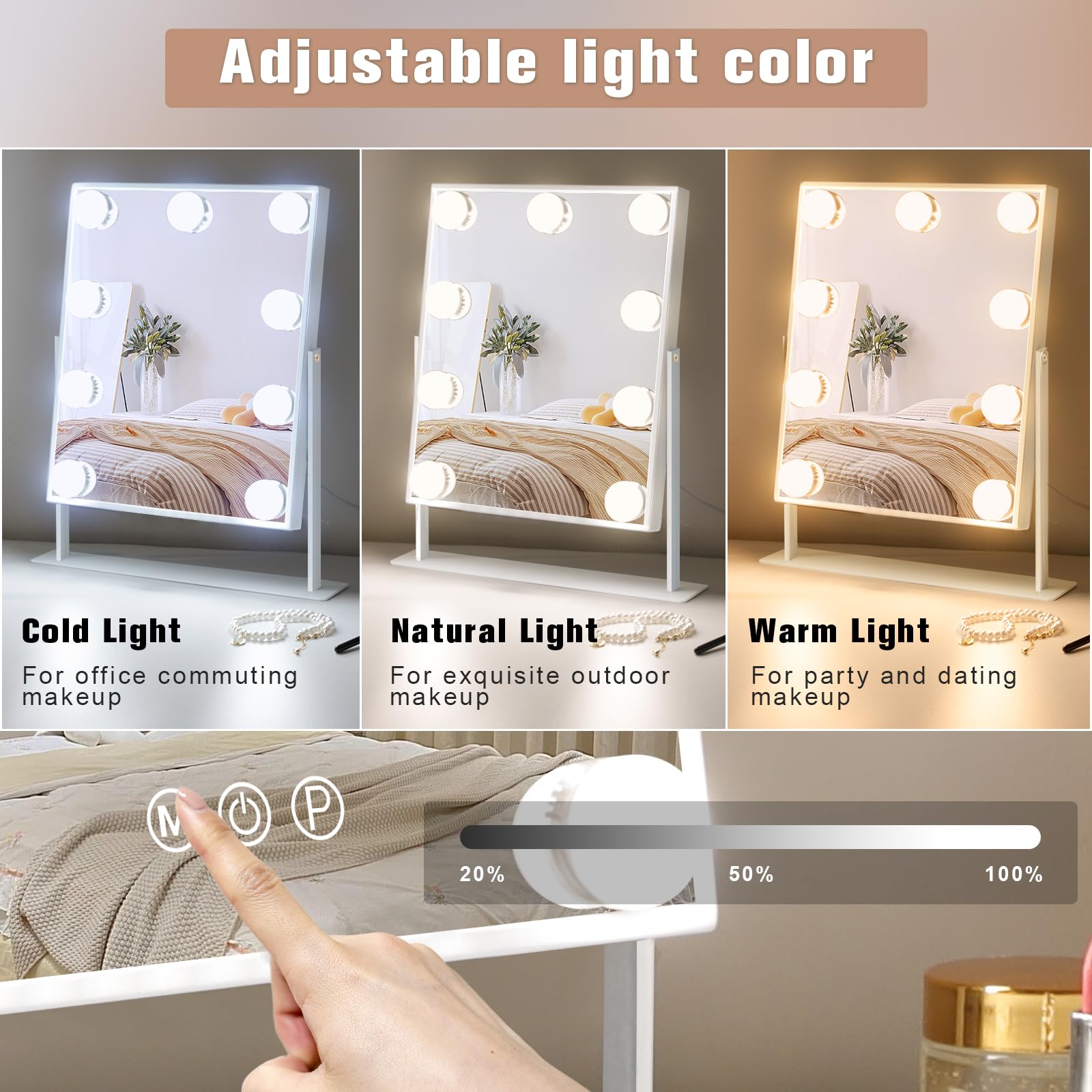 Hollywood Vanity Mirror with Lights - 9 Dimmable LED Bulbs, 3 Color Lighting Modes, Detachable 10X Magnifying Mirror & 360° Rotation - Perfect for Makeup, Skincare & Hair Styling (White)