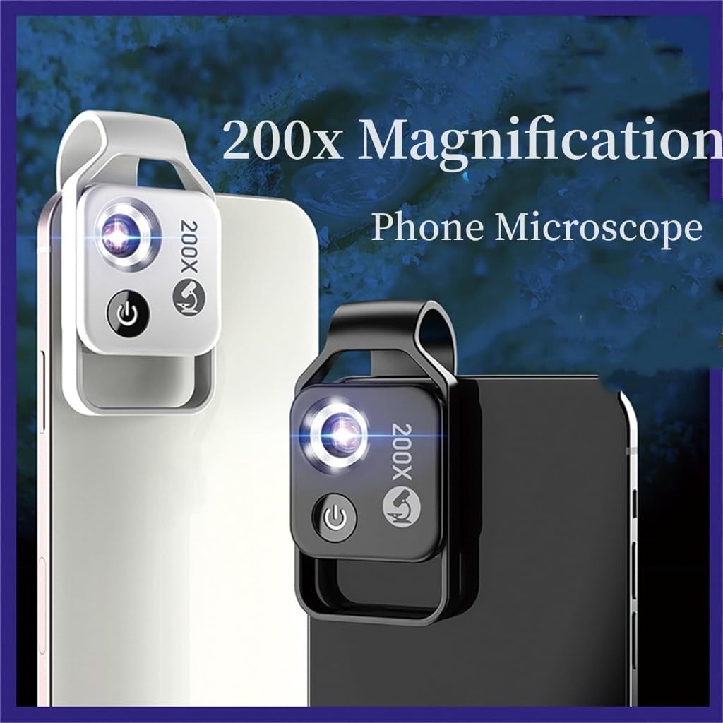200X Nanozoom Phone Microscope Lens with CPL & LED Light - Universal Clip Attachment for iPhone Android - Perfect for Coin Collecting, Jewelry Inspection & Science Education (Black)