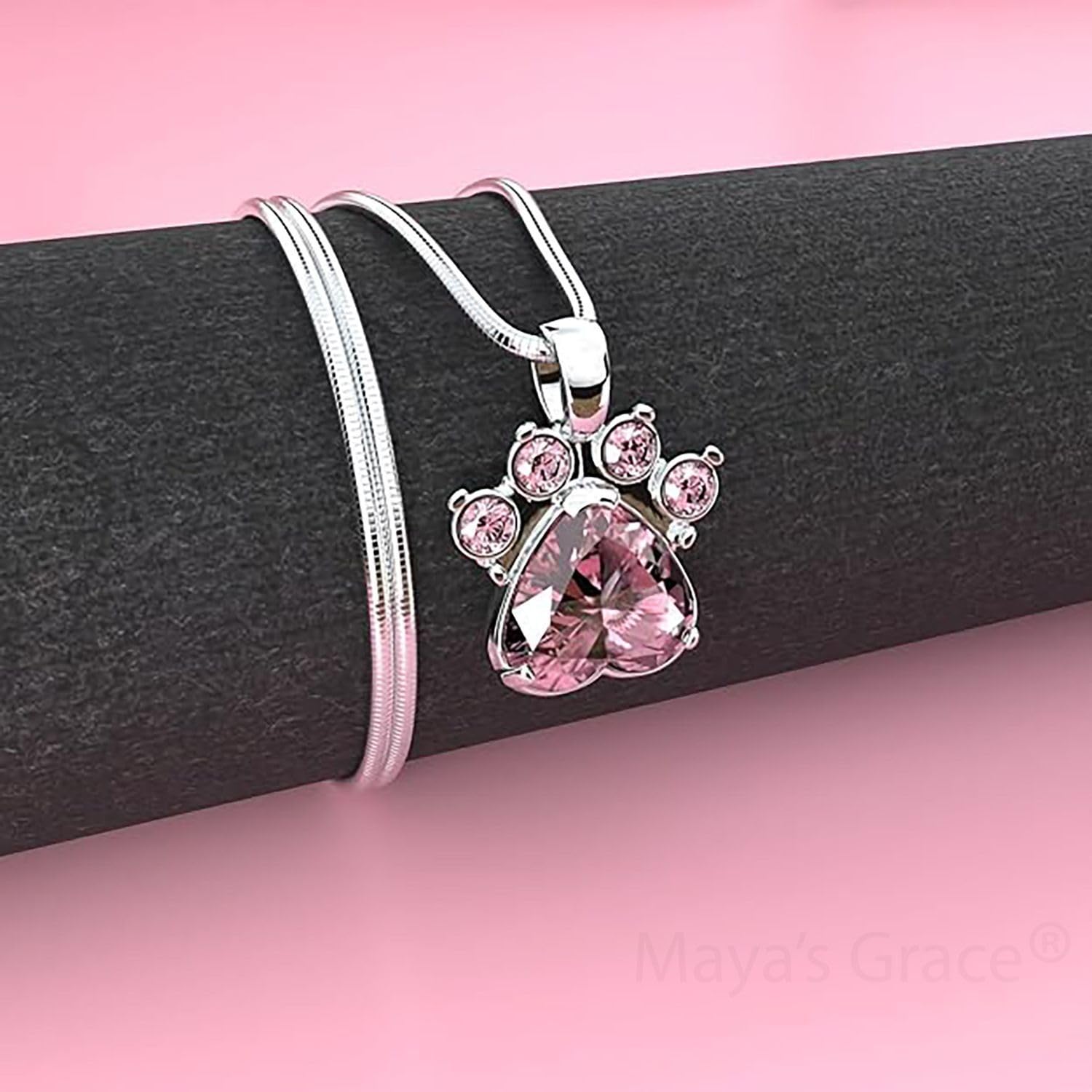 Mayas Grace Birthstone Paw Print Pendant Necklace for Women - Genuine Rhinestone Gemstone Jewelry - Perfect Gift for Pet Lovers, Mothers Day & Anniversary