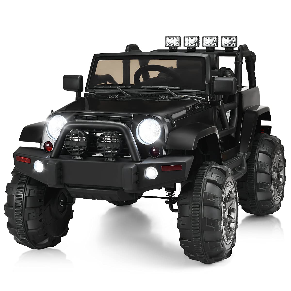 Costzon 12V Battery Powered Ride On Truck for Kids - Electric Ride On Car with Parental Remote Control, LED Lights, Double Doors, Safety Belt, Music & MP3 Player - Spring Suspension (Deluxe Black) - Perfect for Indoor & Outdoor Play, Birthday Gifts, and Toddler Pretend Driving Fun