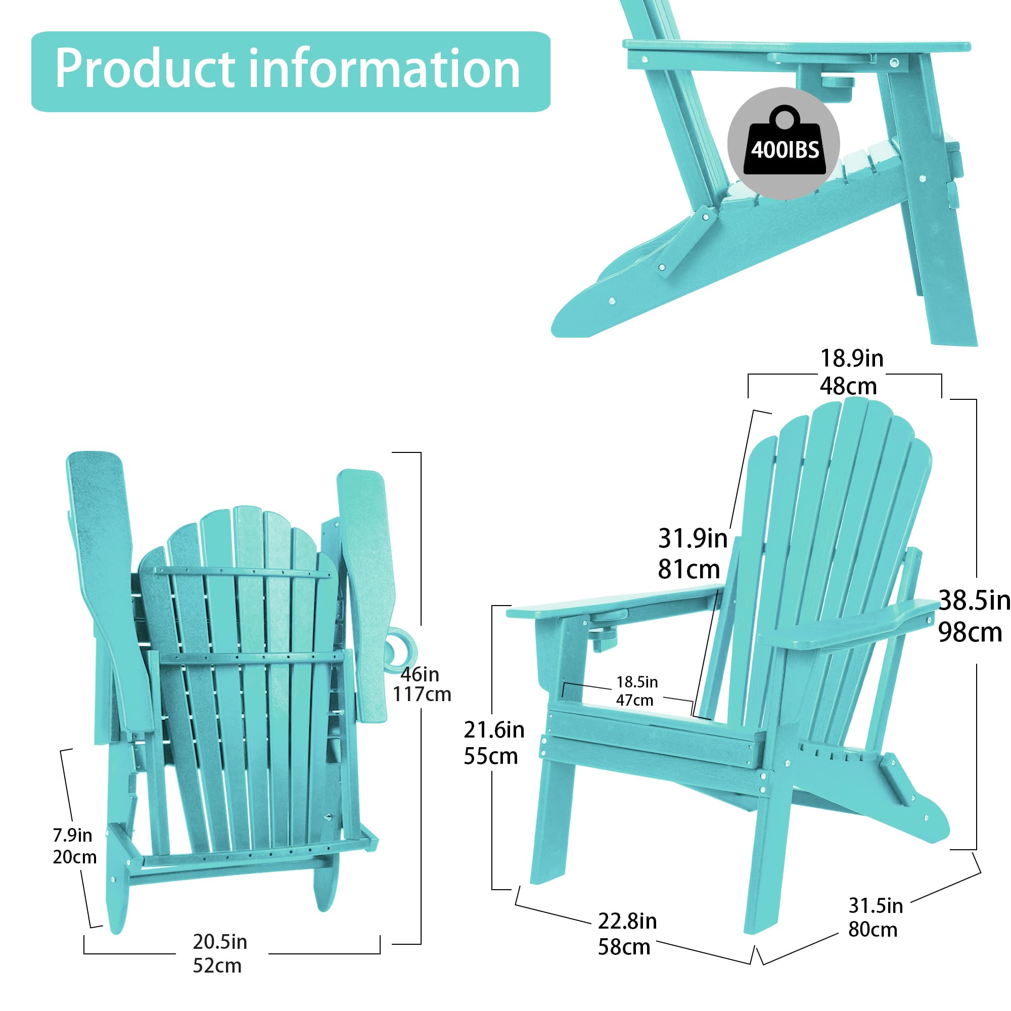 Folding Adirondack Chair with Cup Holder - Heavy Duty All-Weather HDPE, Wooden Textured, SGS Tested for Outdoor Comfort (Aruba Blue) - Perfect for Patio, Garden, Poolside & Backyard Relaxation