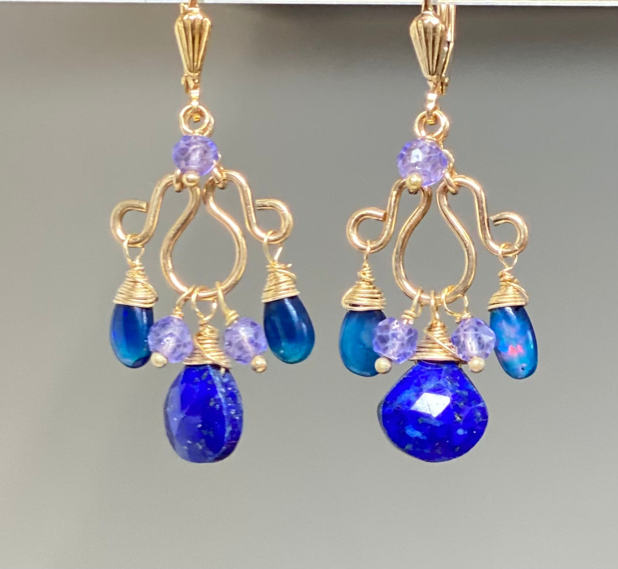 Blue Lapis & Blue Opal Chandelier Earrings - 14K Gold Filled Dangle Earrings for Women, Elegant Bohemian Jewelry Gift for Party, Wedding & Special Occasions