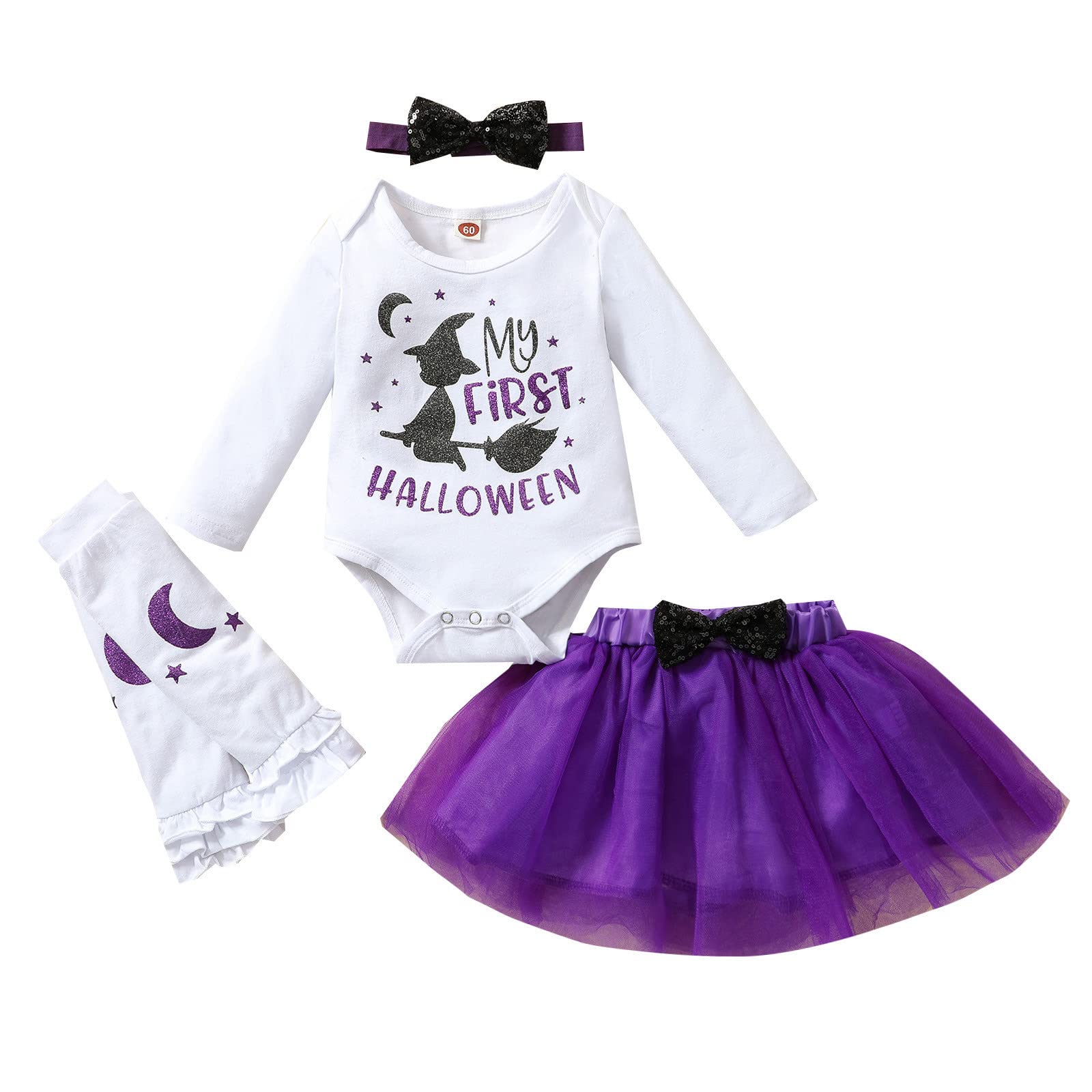Halloween Baby Girl Outfit - Long Sleeve Romper with Bowknot Mesh Tulle Skirt & Headband Set | Cute Infant Costume for Halloween Party, Photo Shoot & Dress Up Play