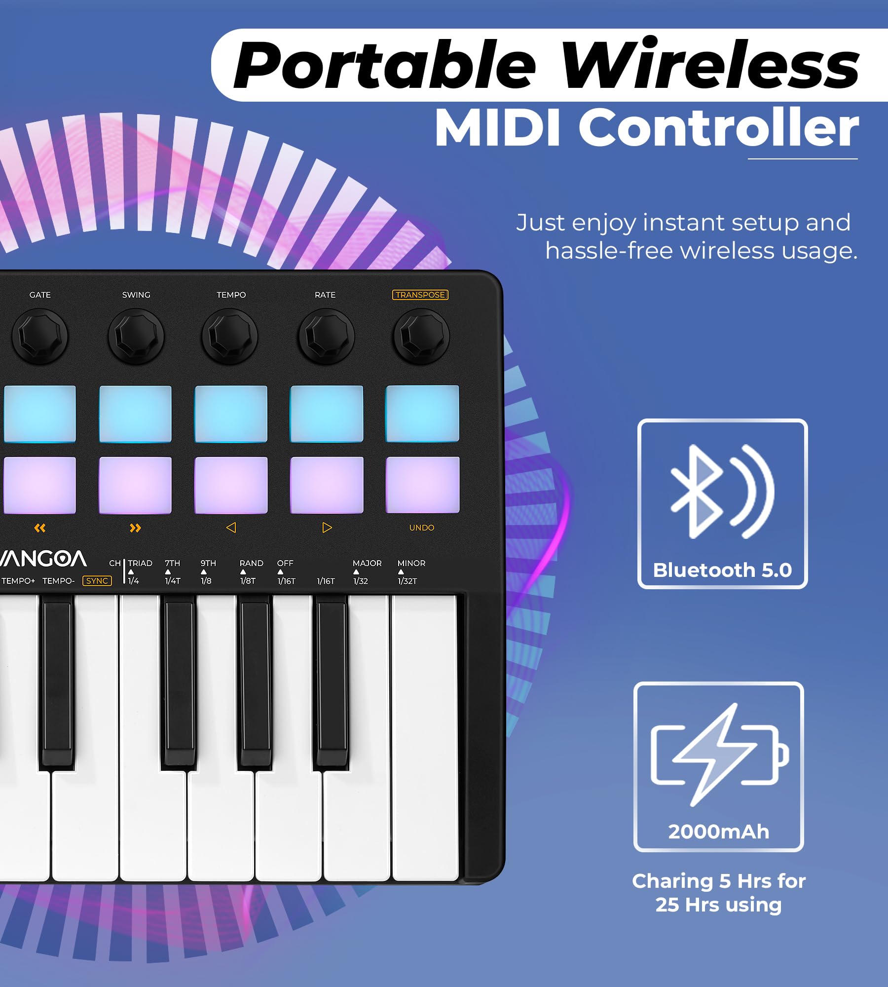 Vangoa 25-Key MIDI Pad Controller with 16 RGB Drum Pads - Wireless Beat Maker Machine for Music Production, Computer Recording & DJ Performance | Perfect for Beginners & Home Studio Music Making
