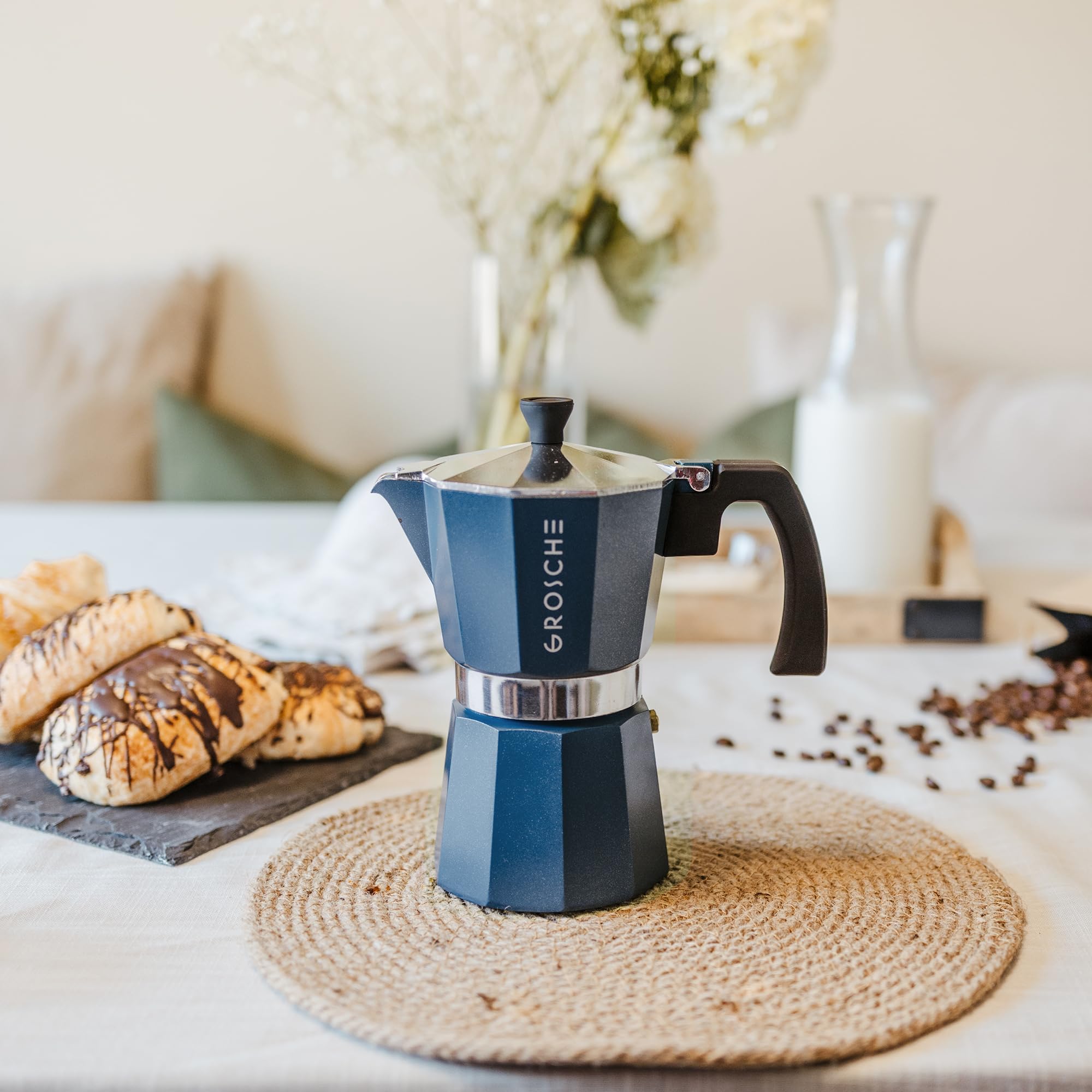 GROSCHE Milano Stovetop Espresso Maker - 3 Cup (5 oz) Moka Pot, Italian Coffee Brewer for Espresso & Percolator - Perfect for Home, Office & Camping (Blue)