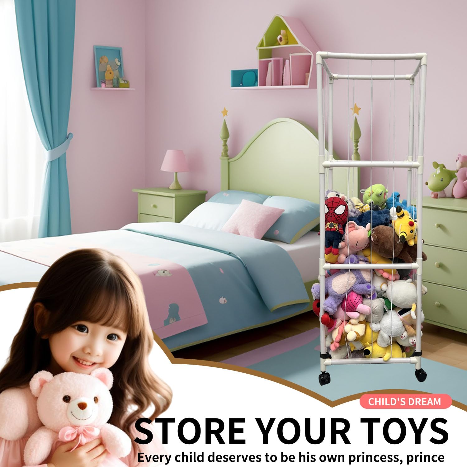 Large Stuffed Animal Storage Organizer with Elastic Bands & Bottom Support - Zoo-Themed Standing Cage for Plush Toy Display in Kids Room, Playroom, Nursery | Perfect for Toy Organization & Room Decor