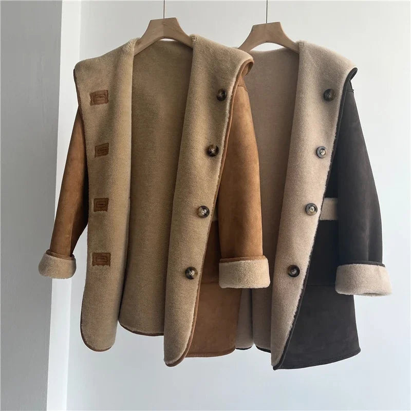 Women's Fashion Sheep Shearling Fur Jacket - Warm Mid-Length Casual Wool Coat with Hood | Korean Style Winter Outerwear for Women | Perfect for Daily Wear, Office & Outdoor Activities