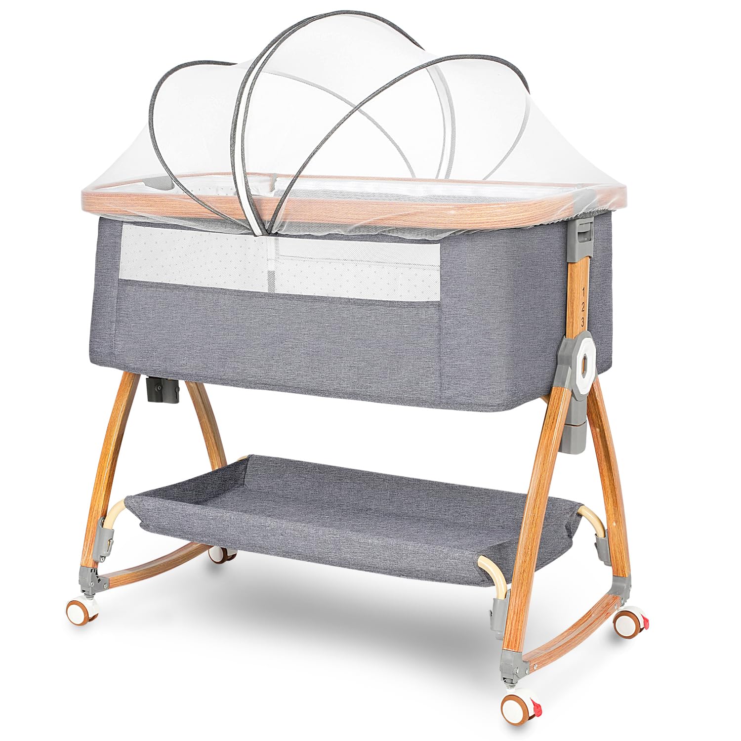 Adjustable Baby Bassinet Bedside Sleeper with Wheels & Mosquito Net - 6 Height Positions, 3-in-1 Portable Crib for Newborns, Infants & Toddlers (Light Grey) | Perfect for Nursery, Bedroom Co-Sleeping & Travel