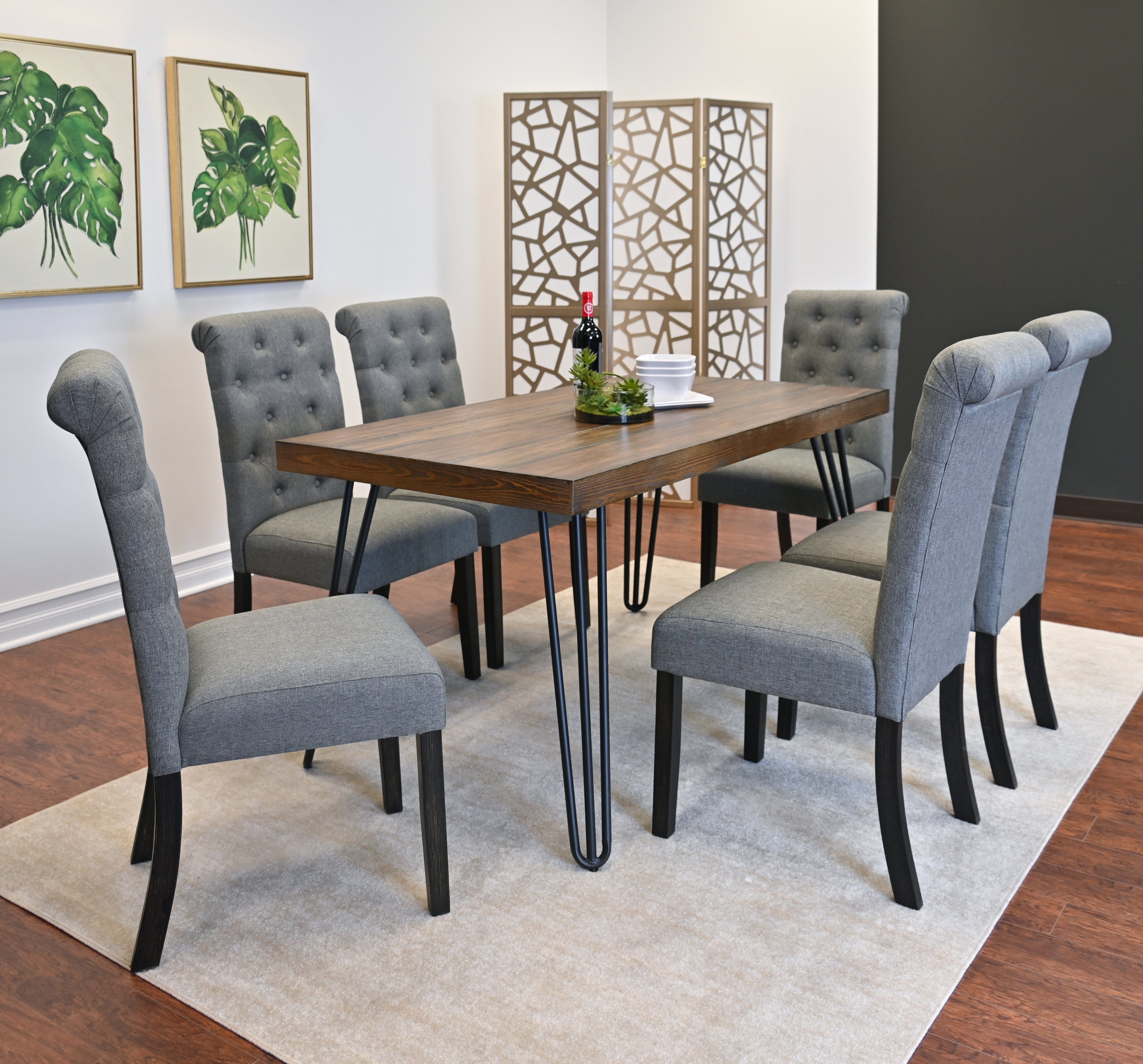 Roundhill Furniture Ashford 7-Piece Dining Set with Hairpin Leg Table & 6 Blue Chairs – Perfect for Modern Kitchens, Dining Rooms & Small Spaces