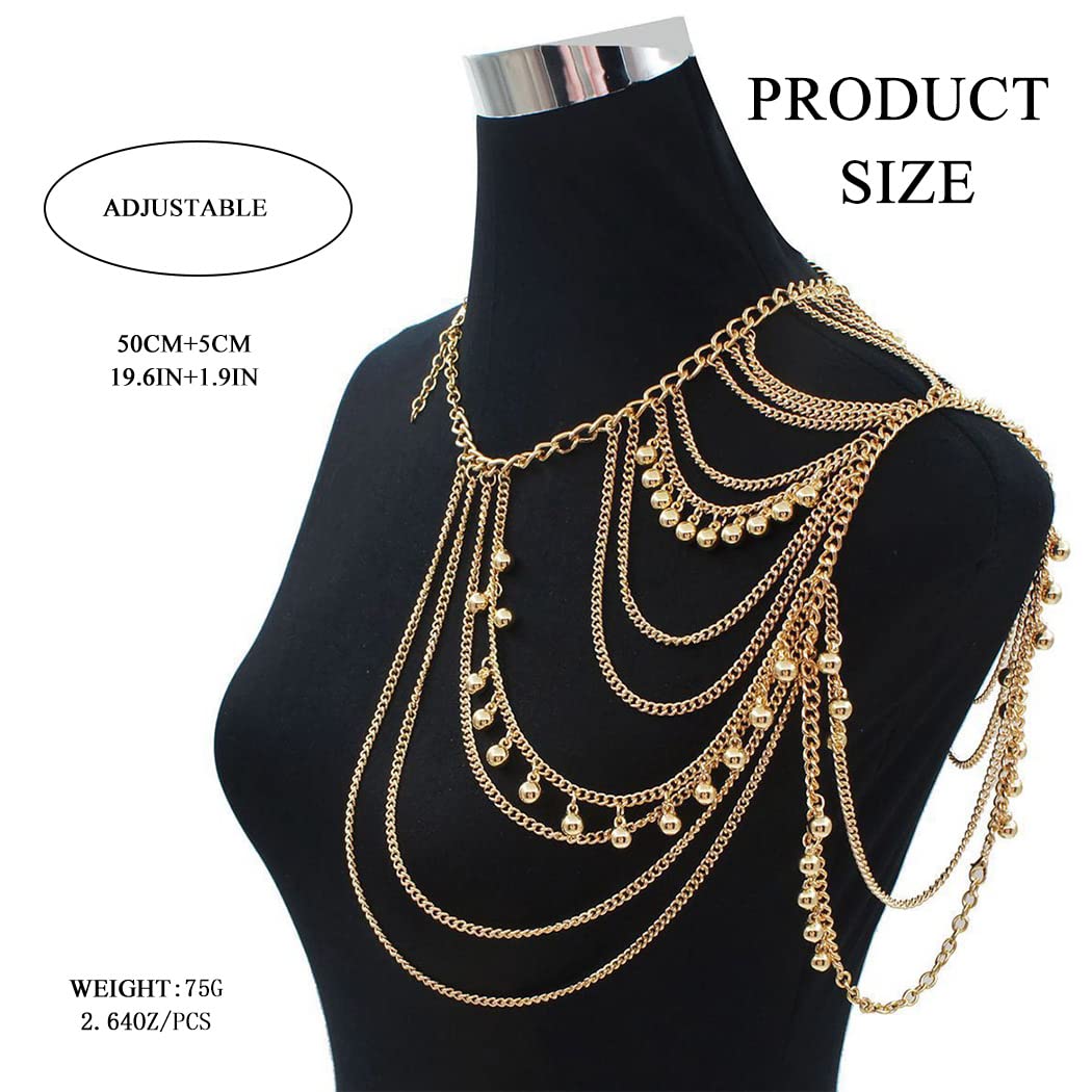 Sexy Gold Beaded Body Chain Jewelry for Women - Layered Shoulder Chains with Tassels | Perfect for Music Festivals, Beach Parties & Boudoir Photography