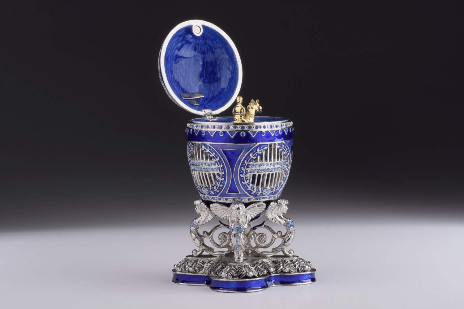 Blue Russian Egg Trinket Box with Man Riding Horse Surprise Inside - Unique Faberge Egg Decorated with Austrian Crystals - Limited Edition Collectible Easter Gift for Home Decor, Jewelry Storage & Holiday Display