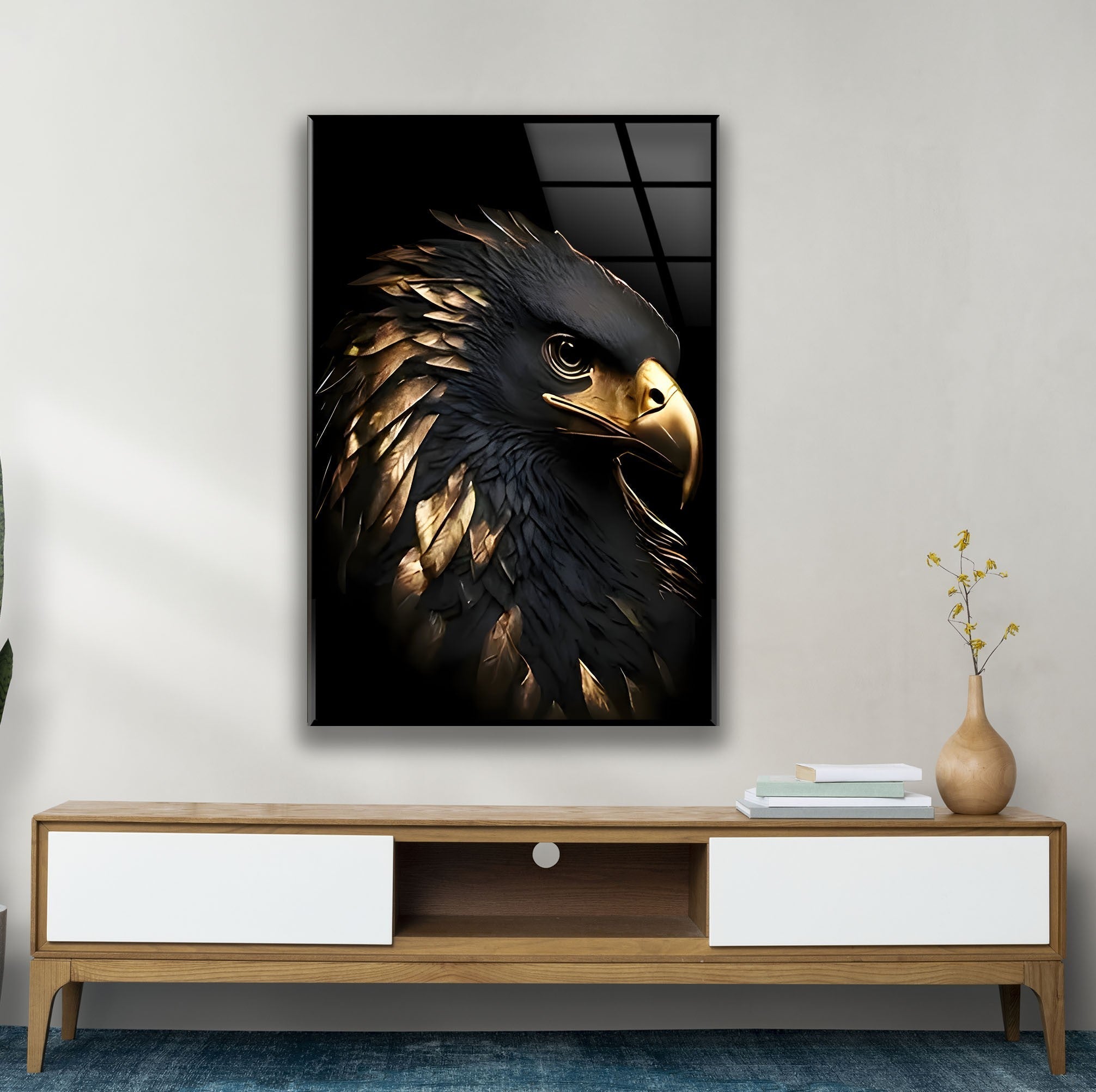 Black Gold Eagle Glass Wall Art - Handmade Modern Home Decor for Living Room, Bedroom & Office - Elegant Glass Artwork for Gifts & Interior Design