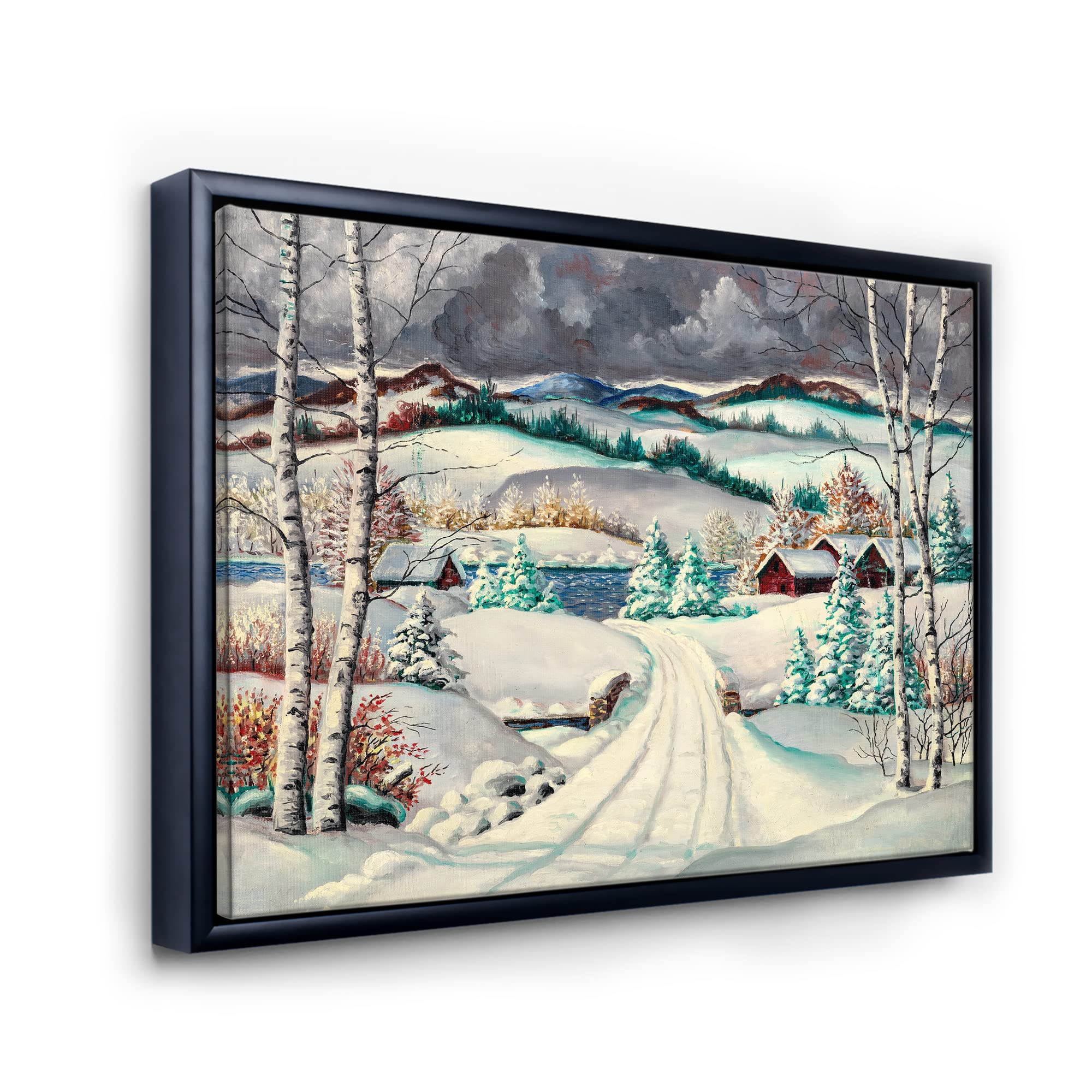 Traditional Framed Canvas Wall Art Print - Snowy Winter Country Road Landscape Painting for Living Room, Bedroom & Office Decor | DesignQ
