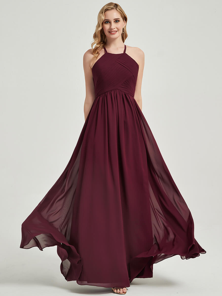 Elegant Burgundy Halter Pleated Keyhole Back Chiffon Bridesmaid Dress - Perfect for Weddings, Formal Events & Special Occasions