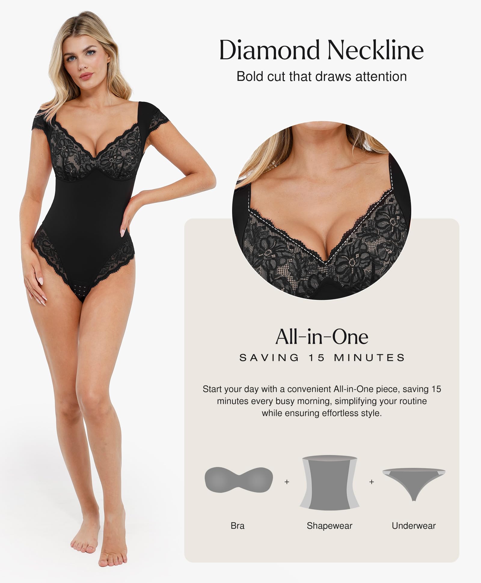 Popilush Women's Tummy Control Shapewear Bodysuit - Lace V-Neck Body Shaper for Slimming & Support | Perfect for Party, Date Night & Evening Outfits