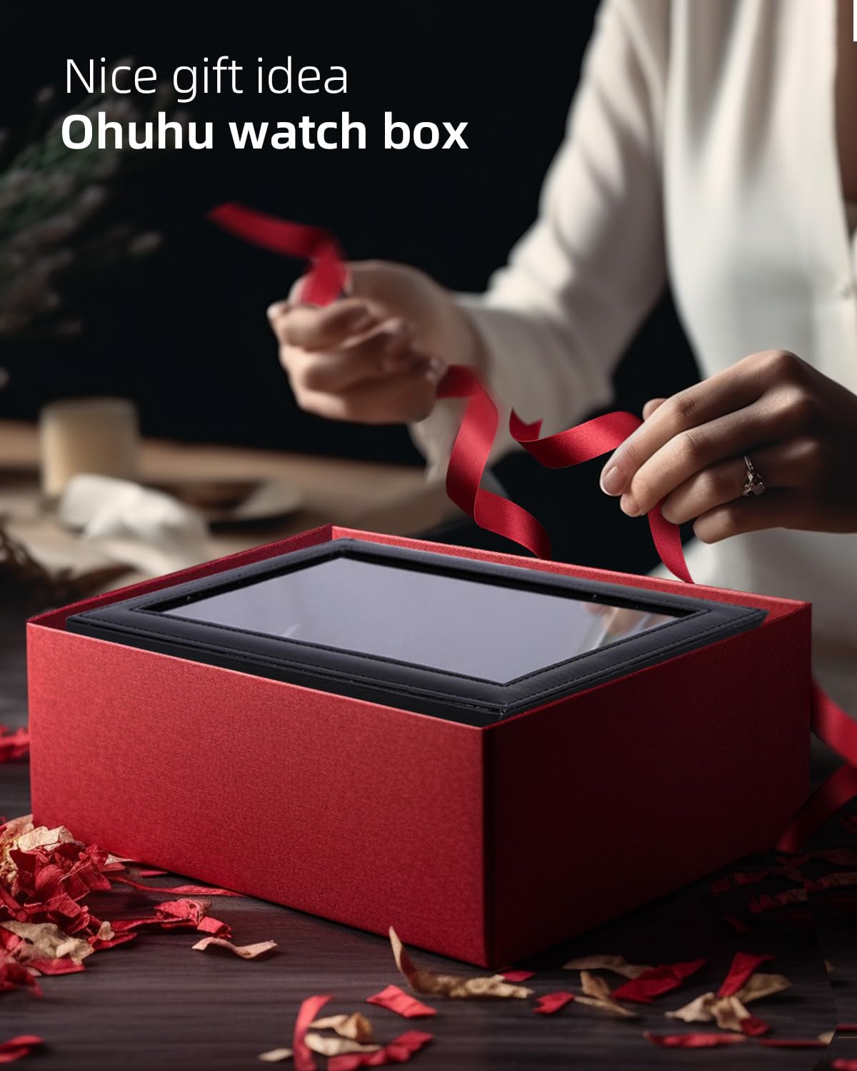 Ohuhu 12-Slot PU Leather Watch Box with Real Glass Lid - Soft Velvet Jewelry Organizer & Watch Display Case for Men and Women - Perfect for Watch Collection Storage, Birthday Gifts & Home Décor