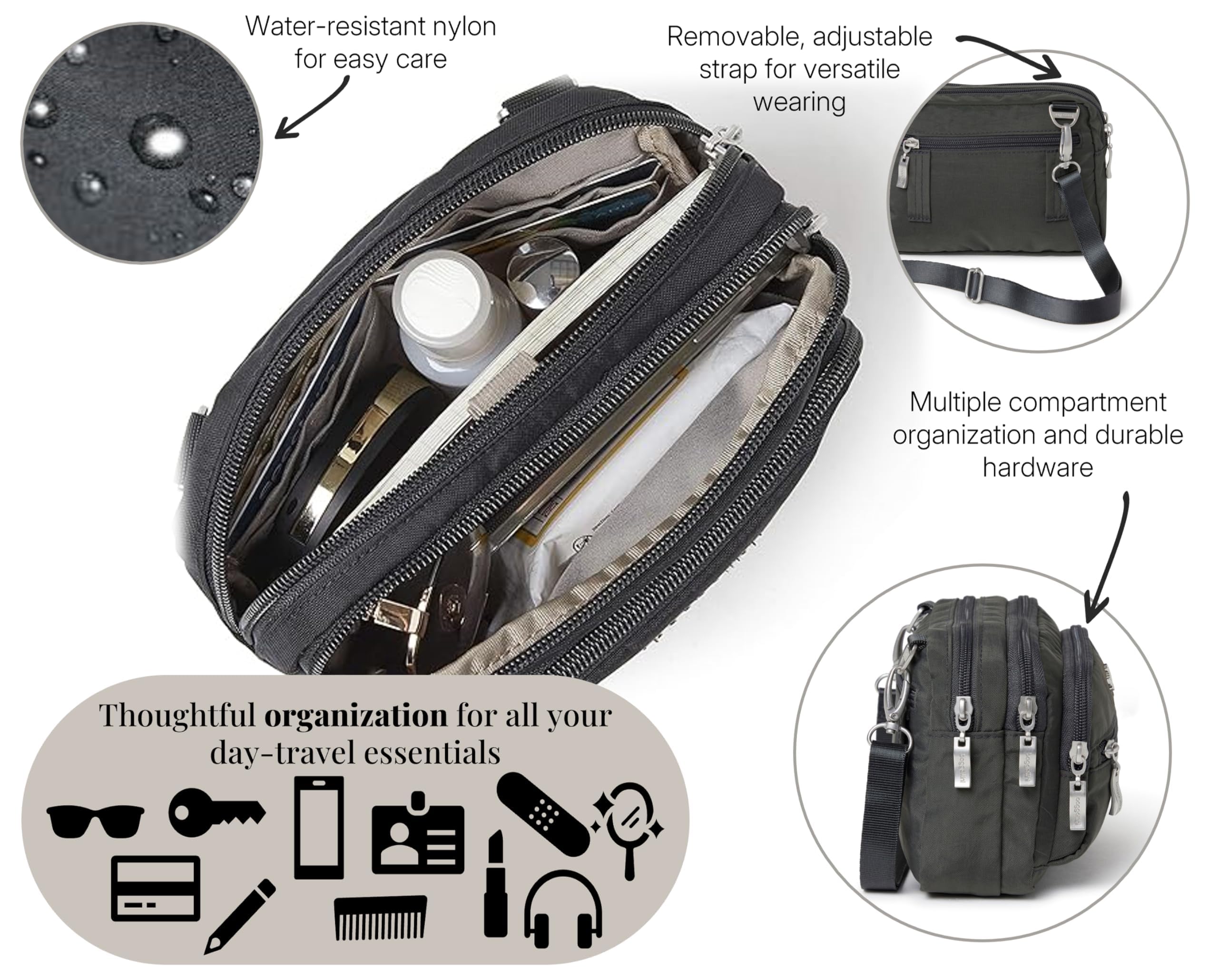Baggallini Women's Triple Zip Small Crossbody Bag - 8x6 Inch Convertible Fanny Pack Belt Bag - Lightweight Water-Resistant Travel Purse for Everyday Use, Gym, Hiking & Shopping