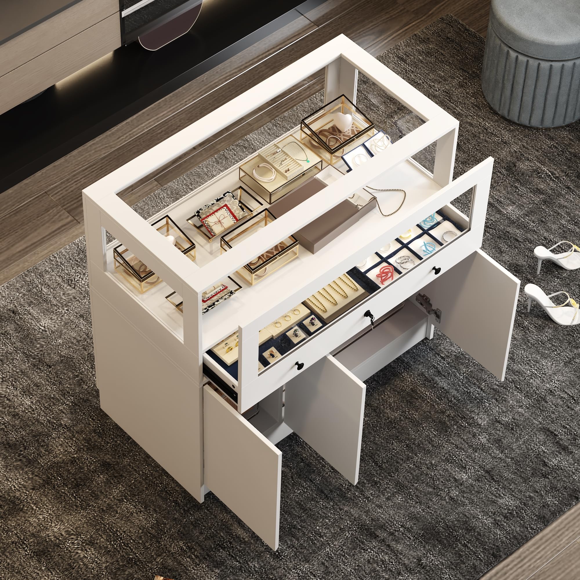 Homsee White Wardrobe Armoire with Lock - Modern Walk-in Closet with Glass Showcase, Drawers & Doors - Bedroom Storage Cabinet for Fitting Rooms & Retail Shops | Perfect for Organizing Clothes, Shoes & Accessories in Home Bedrooms or Boutique Stores