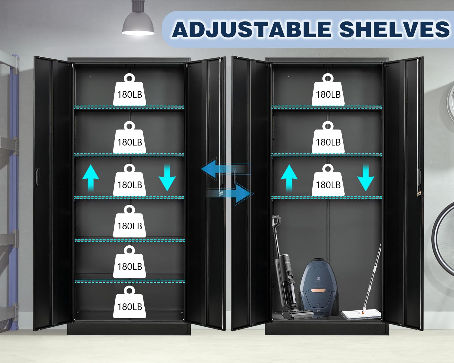 BESFUR 5-Shelf Metal Storage Cabinet with Adjustable Shelves & Locking Doors - Heavy Duty Garage, Office, Classroom Organizer (Black) - Perfect for Tools, Supplies & Equipment Storage